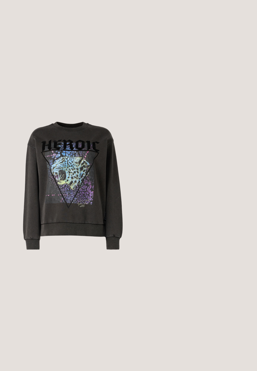 Donkergrijze sweatshirt met een ronde hals, voorzien van een luipaardgrafiek binnen een driehoekig ontwerp, benadrukt met paarse en blauwe accenten.; Zwarte mouwloze nauwsluitende tanktop met een ronde hals, maat small, afgebeeld tegen een lichte achtergrond.; Replay MARTY PANTS - Straight leg jeans - medium blue; Zwarte platte sandalen met een brede zool, dunne banden en een verstelbare strik bij de enkel. Zachte textuur met een minimalistisch ontwerp.; Zwarte leren schoudertas met gespsluiting aan de riem, afgeronde hoeken en contrasterende witte stiksels op een effen achtergrond.; Zilveren oorbellen in de vorm van een gladde, glanzende ring. Circulaire vorm, voorzien van een veilige sluiting. Eenvoudig en elegant ontwerp.