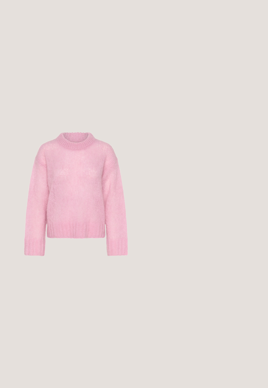 Rosa gestrickter Pullover mit hohem Kragen, weiten langen Ärmeln und einem gerippten Saum. Weicher, strukturierter Stoff mit leicht lockerer Passform.; Rosa Kordjacke mit langen Ärmeln, zwei Brusttaschen und braunen Knöpfen. Sie verfügt über einen klassischen Kragen und einen strukturierten, gerippten Stoff.; Rosa gestreifte, weit geschnittene Hose mit elastischem Bund und Bindeband, versehen mit abwechselnd hellen und dunklen pinken vertikalen Streifen. Weiche Leinwandstruktur.; Rosa Wildledersneaker mit weißen Streifen, weißen Schnürsenkeln und brauner Gummisohle, seitlich auf weißem Hintergrund dargestellt.; Miriade TENDER - Shopping Bag - rosa; Rosa Perlenkette aus durchsichtigen runden Perlen, mit einem Verschluss in Goldfarbe und einer Verlängerungskette für anpassbare Länge.