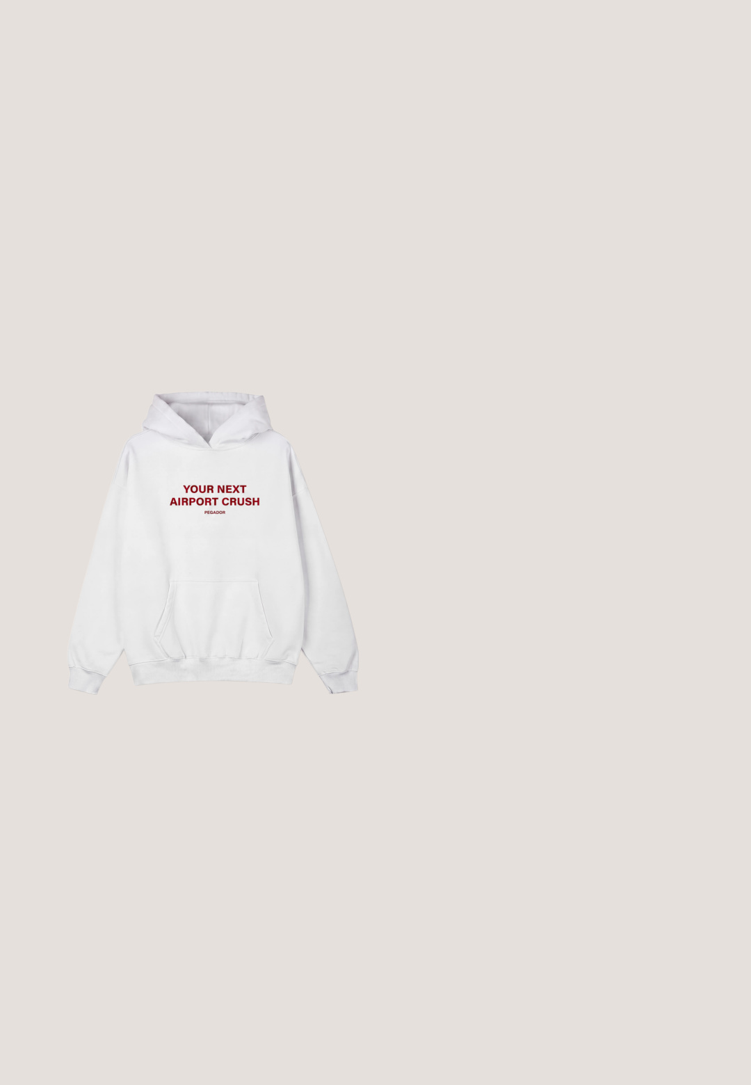 Witte capuchontrui met voorzak en rode tekst met de woorden "YOUR NEXT AIRPORT CRUSH" en een klein "PEGADOR" logo eronder.; Crème kleurige t-shirt met lange mouwen, voorzien van een grote, glanzende rode hartafbeelding en zwarte tekst met de woorden "ARTE." Gemaakt van zacht materiaal.; Zwarte brede broek gemaakt van een zachte, geweven stof. Heeft persplooien, ceintuurlussen en een nette, op maat gemaakte afwerking.; Witte chunky sneaker met slangenleren accenten, dikke gestructureerde zool en klittenbandsluiting over de veters op een neutrale achtergrond.; Pepe Jeans GRACEY - Handtas - black; Zilveren ketting met een ronde hanger versierd met rhinestones, met een bloemmotief in het midden en een klein merketiket.