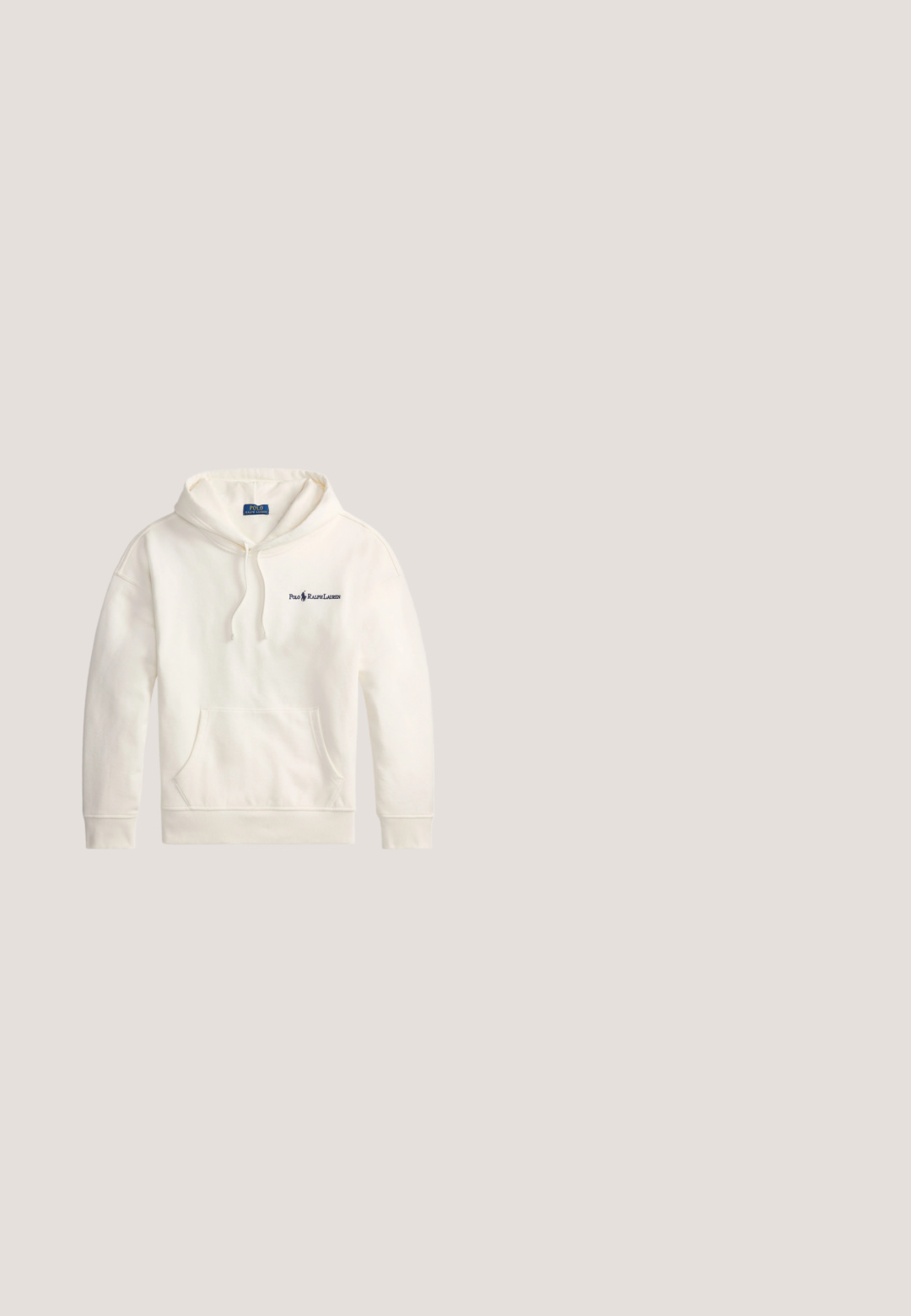 Hvid bomulds-hættetrøje med kængurulomme, snoretræk i hætten og broderet "Polo Ralph Lauren" logo på venstre bryst.; Lyseblå langærmet skjorte med hvide lodrette striber og et lille broderet Polo Ralph Lauren-logo på brystet.; Blå falmede denimjeans med forlommer, bæltestropper, knaplukning og mærket "Polo by Ralph Lauren" på indersiden af linningen.; Brun herre loafer i ruskind med syningdetaljer, en penny-lomme på overdelen og en mørk gummisål.; Lille sort crossbody taske med frontlynlåslomme, justerbar rem og broderet polospiller logo foran.; Sort vævet stofbælte med en sølv rektangulær spænde og sort læderender, snoet på en hvid baggrund.