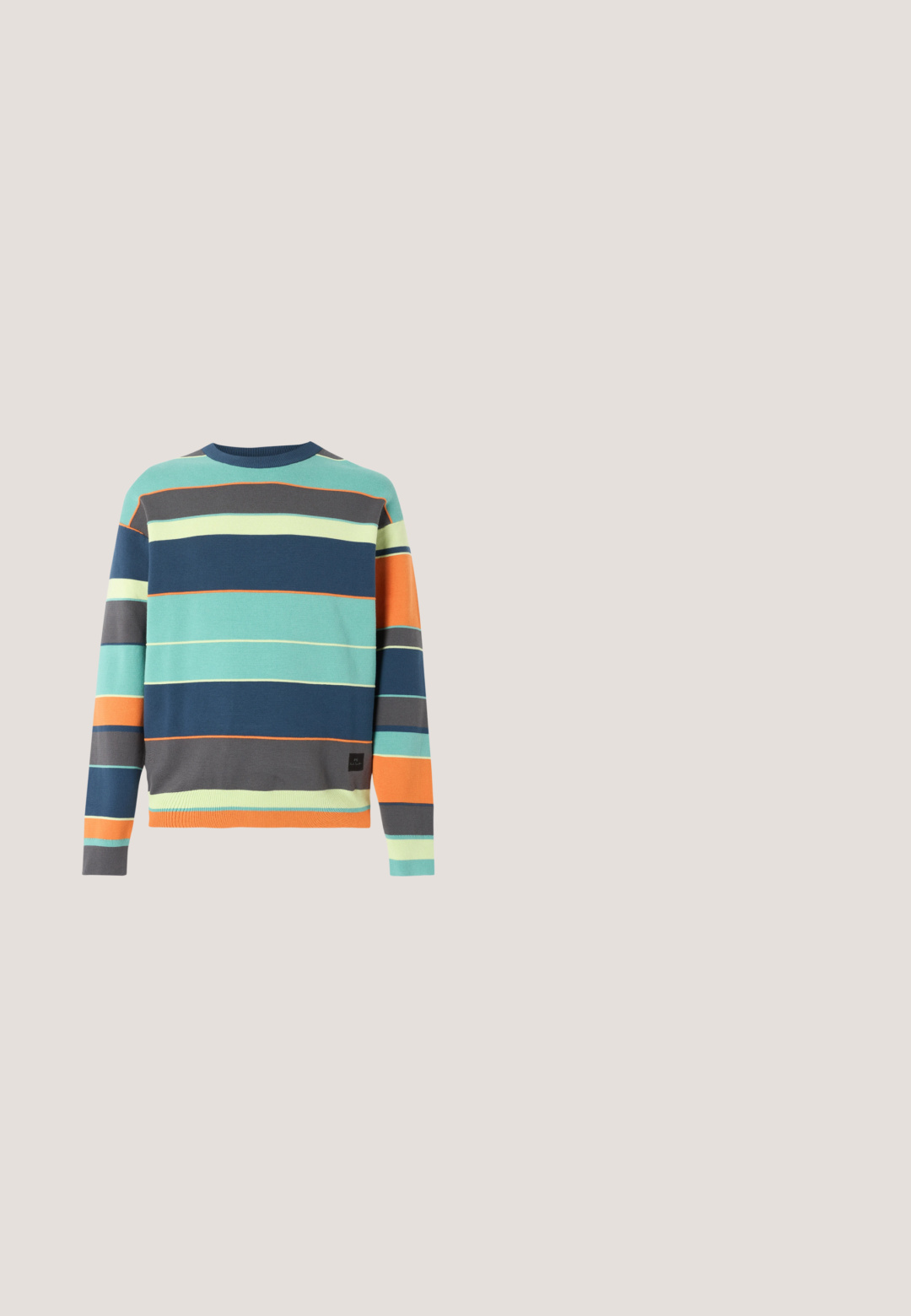 Langærmet rundhalset trøje med horisontale striber i teal, marineblå, grå, orange og lys gul på en ensfarvet baggrund.; Sort bomulds T-shirt med et farverigt grafisk motiv af forskellige læber i forskellige mønstre og farver på foran. Rund halsudskæring, korte ærmer.; Lyseblå denimbukser med lige snit. Har en knaplukning, fem lommer og subtile falmede områder samt slidser ved lårene.; Hvide lædersneakers med perfereret design, gummisul, grøn hælaccent og farverig stribe detalje på siden.; Sorte rektangulære solbriller med mørke linser og slanke arme, vist på en lys neutral baggrund.; Mørkebrun textured læder crossbody taske med justerbar rem og lille dekorativ blå accent på siden.