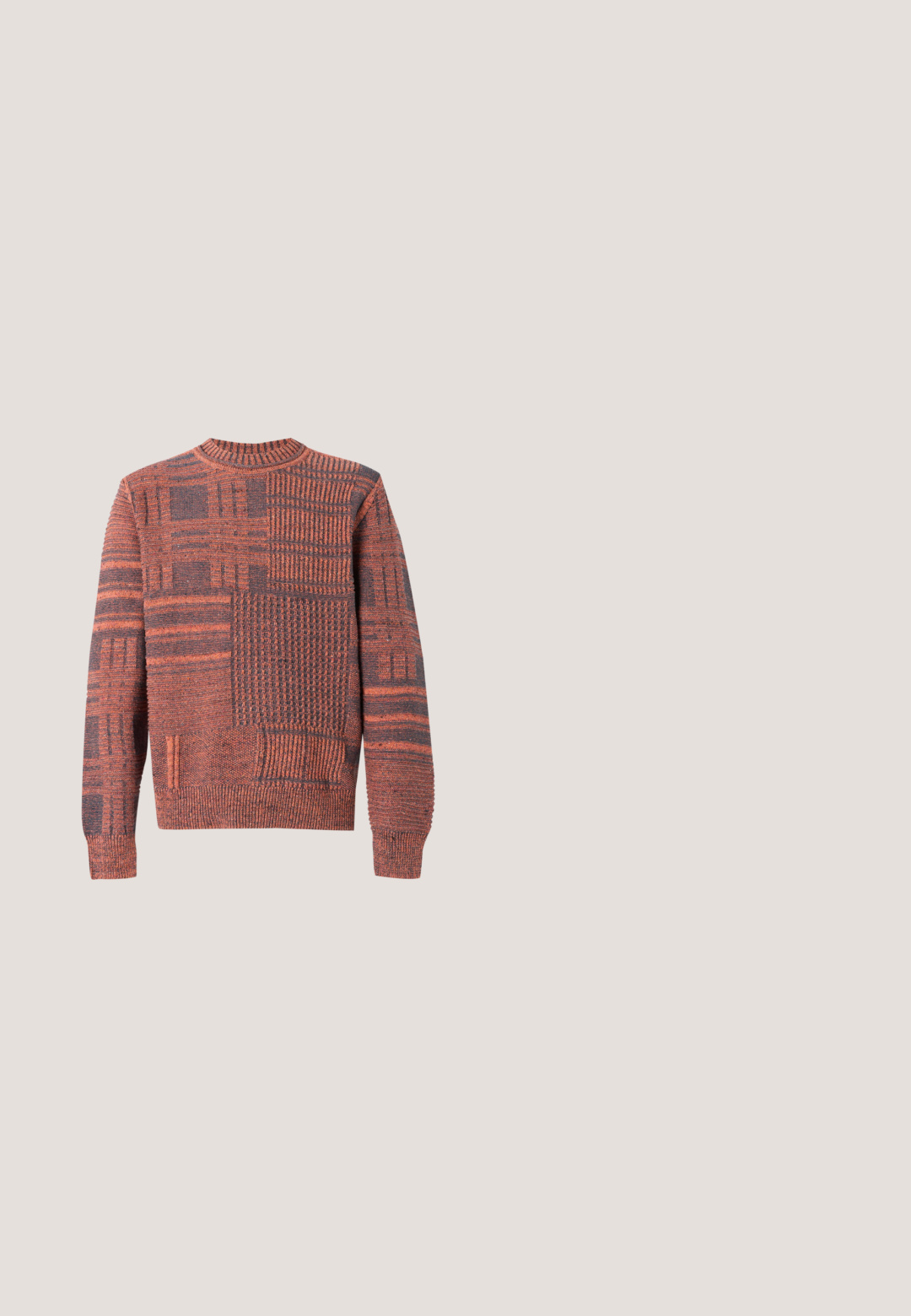 Jersey de punto de manga larga con estampados de patchwork en naranja y gris oscuro, con cuello, puños y dobladillo acanalados.; Camiseta blanca de manga corta con un gran gráfico de oso de peluche en estilo grafiti colorido en la parte delantera, con tonos azules, rojos, verdes y naranjas.; Pantalones anchos de cintura alta negros con pasadores de cinturón, botón frontal y cierre de cremallera sobre un fondo blanco liso.; Zapatillas de ante rojo con cordones blancos, suela de goma color beige y marca en dorado en el lateral. Punta redondeada y diseño de perfil bajo.; Gafas de sol con montura transparente y lentes rectangulares marrones, con detalles dorados en las patillas, mostradas sobre una superficie blanca.; Bolso bandolera de piel color canela con correa ajustable y bolsillo vertical con cremallera, mostrado de lado sobre un fondo claro y liso.