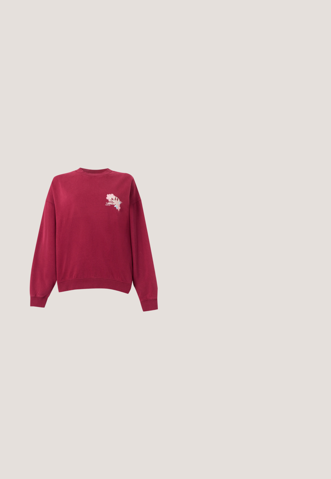 Viinapunane crewneck-pusa pikkade varrukate ja väikese lillemustriga tikandiga vasaku rinna ülanurgas.; Pehme roosa lühikeste varrukatega puuvillane T-särk, ümara kaelusega ja peene valge tekstiga ülemisel vasakul rinnal.; Roosa puuvillane lühike püks, millel on elastne vöökoht ja nöör, ning madalal küljel on valge trükitud graafika gelato tassist.; ALDO DINASAMI - Tossud - pastel/multi-coloured; Roosa lõuendist kandekott kahe sangaga ja küljes roosa kangast lehikujuline sussipesa valgel taustal.; Üheksa paari väikeseid kuldsed toonis kõrvarõngaid, sh disainid vikerkaare, lillede, kalade, roosade kilpkonnade, kettide ja läbipaistvate kividega valgel taustal.