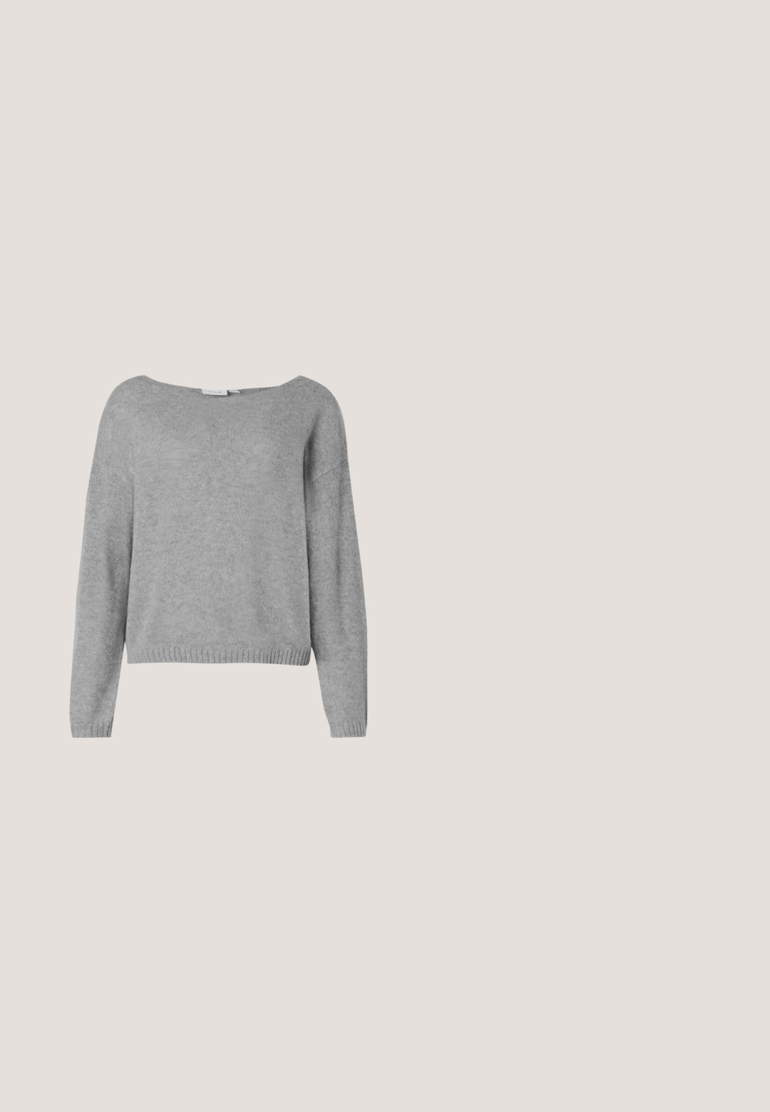 Lichtgrijze lange mouwen gebreide trui met ronde halslijn en geribbelde manchetten en zoom, weergegeven op een witte achtergrond.; Mouwloze zwarte blouse met ronde halslijn en metalen drukkers aan de voorkant, binnen in de kraag met het label "WEEKDAY".; Loszittende broek met elastische tailleband en boorden, met een bruin-zwart ruitpatroon.; Donkerbruine leren slingback damesschoen met hoge hak, puntige neus en slanke stilettohak op witte achtergrond.; Zwarte schoudertas van suède met verstelbare riem, overslagklep en rechthoekig voorvak tegen een effen witte achtergrond.; Metalen gouden oorbellen in een draaiend ontwerp. Rondvormig met een gladde, glanzende textuur en pin-sluiting. Aanzienlijke breedte en diepte.