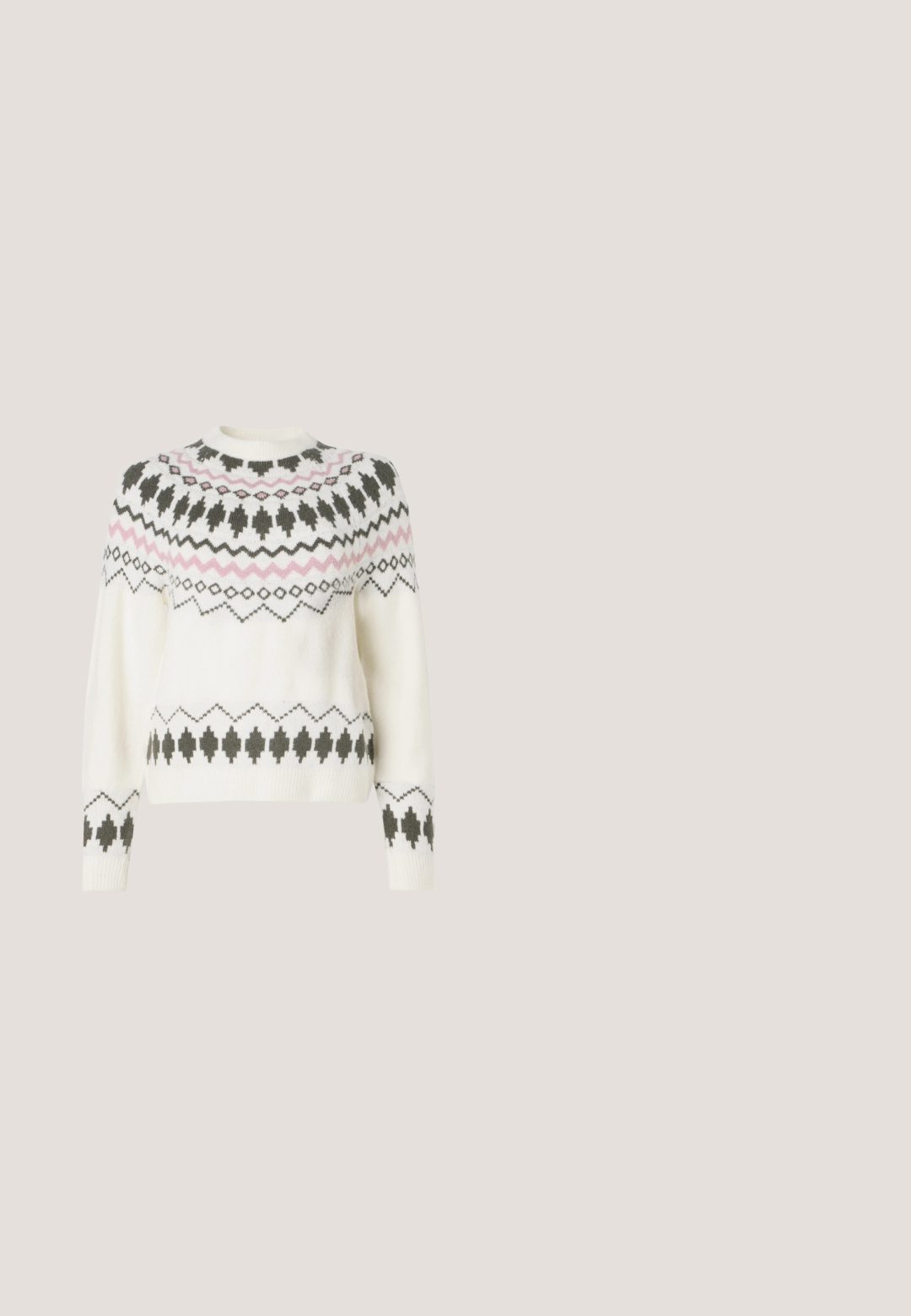 Pull en tricot blanc avec des motifs géométriques noirs et roses sur la poitrine, les manches et l'ourlet, présentant un col rond et des poignets côtelés.; T-shirt court à manches courtes blanc avec un col rond, présenté à plat sur un fond gris clair.; Pantalons à larges côtes dans une couleur taupe douce, avec une taille élastique à cordon de serrage et un tissu doux et texturé.; Baskets compensées blanches et beige avec lacets à l'avant, semelle en gomme, branding sur le côté et détails de panneaux cousus.; Sac à main en cuir noir avec deux poignées, poche avant zippée et à bouton, détail chaîne argentée et logo Michael Kors au centre avant.; Collier délicat en chaîne d'or avec un pendentif rectangulaire noir entouré de petites pierres claires et un petit charm circulaire en or.
