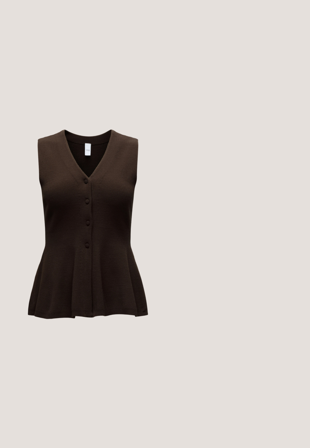 Gilet sans manches en tricot côtelé marron foncé avec col en V et quatre boutons recouverts sur le devant, légèrement évasé à la taille.; Chemise marron à manches longues avec col et boutonnage devant, présentant un motif découpé en dentelle florale sophistiqué sur la moitié inférieure et l'ourlet.; Jupe-jupon jaune avec taille élastique et bordure en dentelle florale le long du bord inférieur sur fond gris clair.; Chaussure plateforme en cuir bordeaux à enfiler, avec bout arrondi et semelle noire épaisse, vue de côté sur un fond uni.; DRAGON DIFFUSION ROSANNA - Sac à main - bruciato; Une paire de boucles d'oreilles en forme de goutte d'eau, brillantes et marron, avec de subtils motifs plus foncés, sur un fond blanc.
