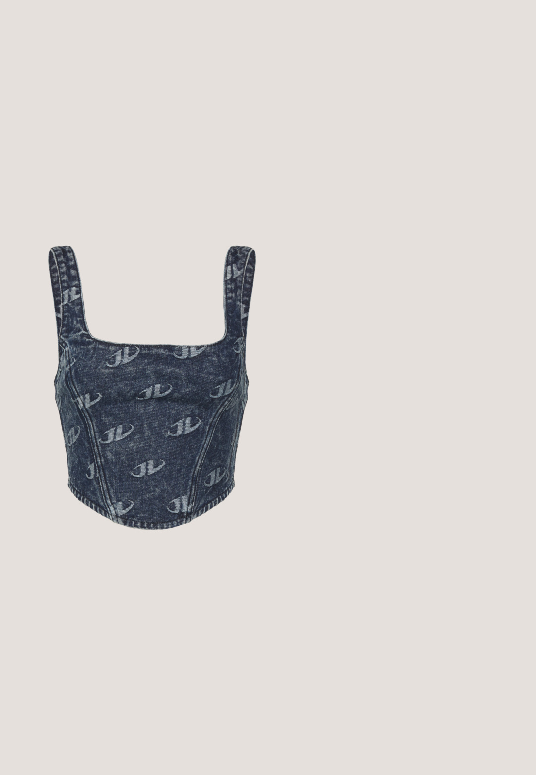 Jaded London MONOGRAM EMBOSSED CORSET - Topp - blue; Jaded London PLEAT SIDE SKIRT WITH WAISTBAND - A-lõikeline seelik - denim in 00s wash; Mustad mustad ketsid, millel on pikk disain, valmistatud kanvasest. Omavad valgeid paelu, õmblusi ja kummist tallat, millel on varbapatja kate.; Mustad mustrakellad, millel on hallid šabloonid; valmistatud plastist, paksude ja siledate kätega, ilma nähtava riistvarata.; Must mustri õlakott, millel on kaarjas kuju, hõbedane kett, eemaldatav mini kotike ja reguleeritav rihm; esiküljel on "Steve Madden" logo.; Hõbedased rõngastikkaehingad minimalistlikus disainis. Ümar kuju, sile tekstuur ja õhuke profiil. Kerged ning poleeritud viimistlusega.