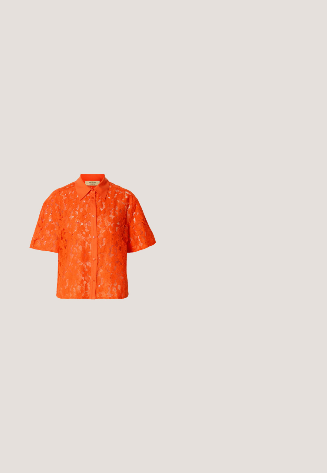 Blusa de encaje naranja con mangas cortas, diseño con cuello y cierre de botones. Presenta un patrón floral texturizado y un cuello sólido de color naranja.; Pantalones de terciopelo negro de pierna ancha con dos bolsillos traseros y una textura suave, con un corte recto y un acabado dobladillo en los tobillos.; Mules negros de punta puntiaguda con tacón bajo y una correa ajustable con hebilla. Material de cuero liso con acabado brillante.; Bolso tote de cuero sintético negro con un acabado texturizado, dos asas largas y detalles en tono dorado en el lateral. Forma rectangular.; Collar cadena en tono dorado con seis placas metálicas irregulares, ovaladas y redondas martilladas, enlazadas entre sí y con cierre ajustable.; Cinturón de cuero negro enrollado con hebilla de metal dorado brillante sobre un fondo claro y liso.