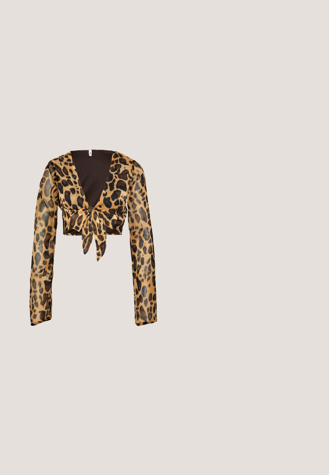 Haut court en imprimé léopard avec de longues manches transparentes. Présente un décolleté en V profond et un détail de nœud à l'avant. Couleurs principalement marron et noir.; Pantalons évasés noirs avec une taille élastique, parsemés de points métalliques argentés. Fabriqués dans un tissu lisse et doux.; Chaussure plate noire avec un bout pointu, panneaux latéraux en maille et une sangle avec une boucle décorative. Fini lisse sur les sections du bout et du talon.; Lunettes de soleil noires en forme d'œil de chat avec une finition mate, dotées de verres teintés gris, d'angles aigus et de branches élégantes. Nom de la marque visible sur la branche intérieure.; Sac à main tissé noir avec une poignée courbée, présentant une surface texturée et une forme décontractée. Fini lisse avec une silhouette organique.; Boucles d'oreilles en métal argenté avec un design ondulé et sculptural, présentant une finition polie et des formes irrégulières, mettant en valeur une esthétique contemporaine.