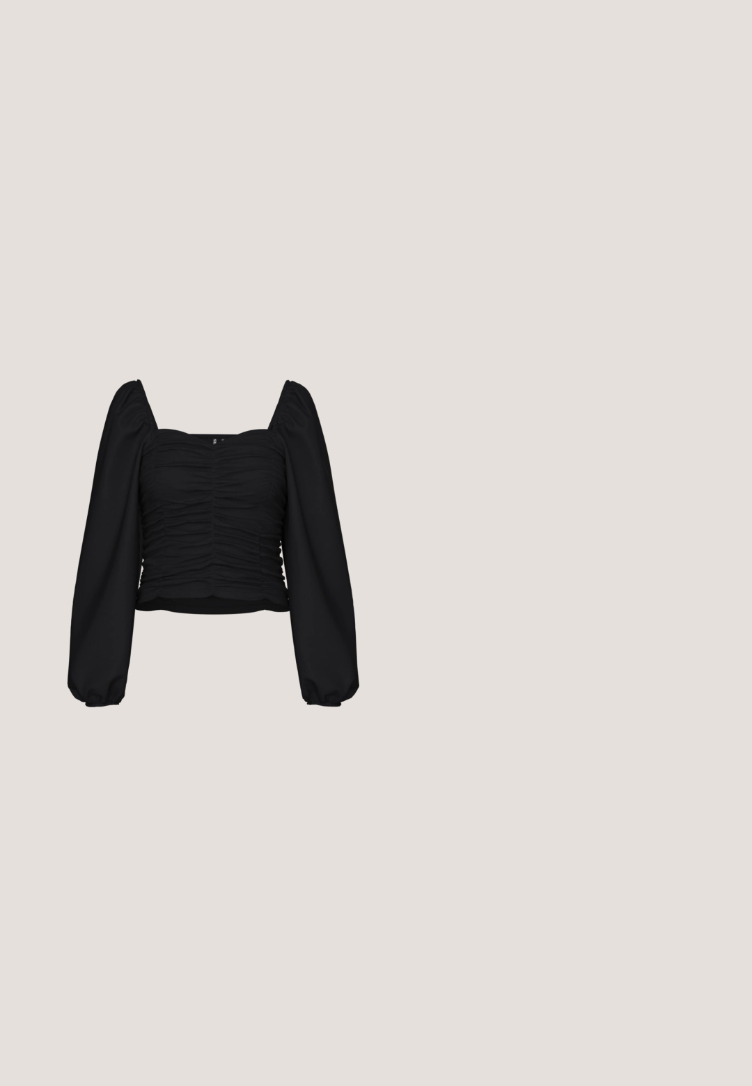 Schwarze, kurz geschnittene Bluse aus strukturiertem Stoff, mit quadratischem Ausschnitt, gerafftem Körper und langen Puffärmeln mit elastischen Bündchen.; Schwarze hochtaillierte weit geschnittene Hose mit vorderen Nähten und zwei goldenen Knöpfen am Bund, vor einem weißen Hintergrund.; Schwarze, hochhackige Sandale mit Riemchen und Knöchelriemen, Absatz und Innensohle mit Schlangenledermuster, offener Zehenbereich, Seitenansicht auf weißem Hintergrund.; Quadratische Sonnenbrille mit einem Schildpatt-Rahmen, braunen Verlaufslinsen und einem goldenen Hardware-Akzent an der Seite. Strukturierte Oberfläche.; Schwarze Ledertasche mit abgerundetem Überschlag, verziert mit einem goldfarbenen Flügelakzent, verstellbarem Riemen und glatter, glänzender Textur.; Goldfarbener, herzförmiger Ring mit einer glatten, reflektierenden Oberfläche, einem kleinen Diamantakzent und einem gedrehten Seildesign entlang der Kanten.