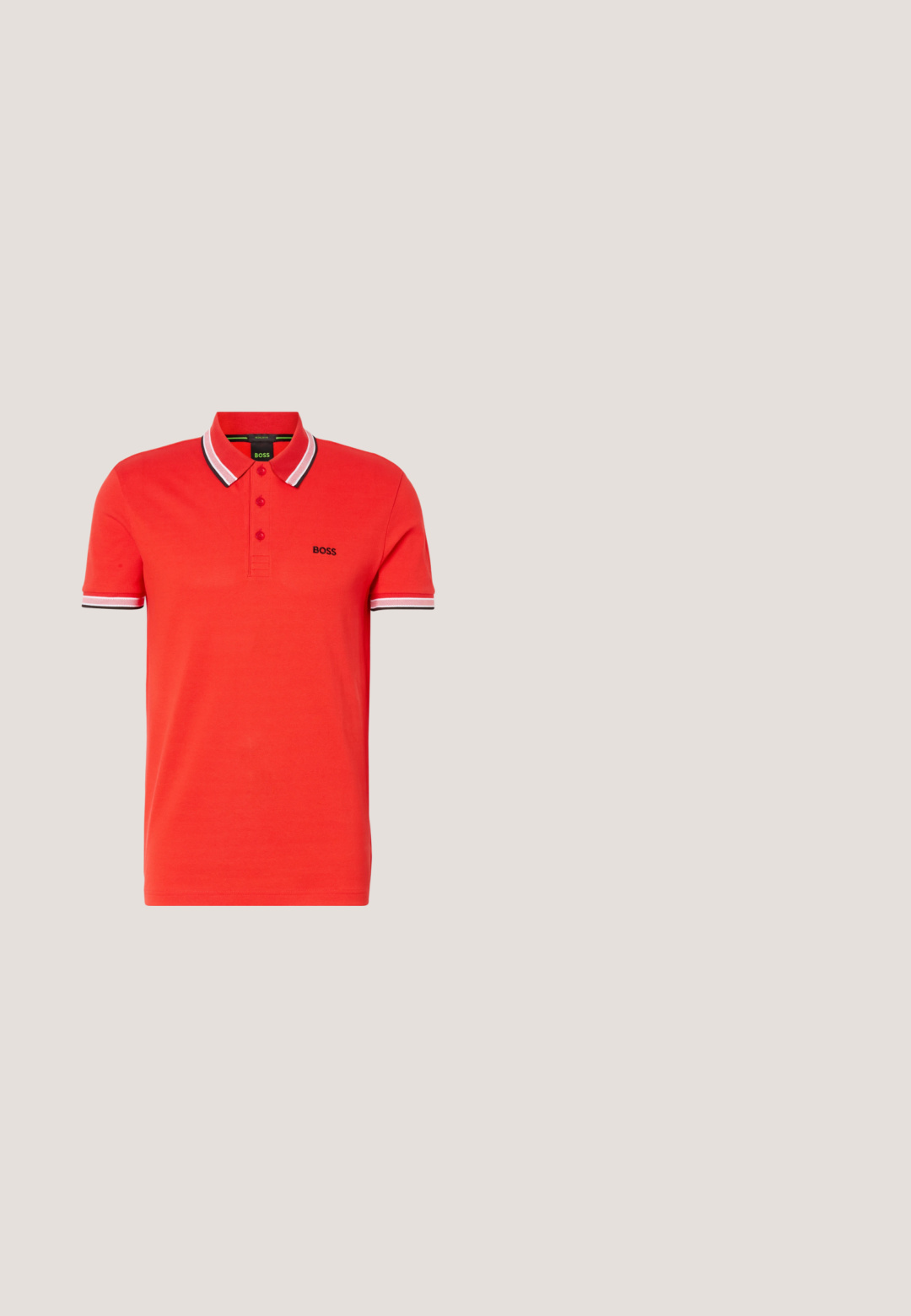 Camisa polo roja de manga corta con cuello y puños a rayas blancas y negras, tres botones y logotipo "BOSS" en el pecho izquierdo.; Pantalones de traje negros con frente plano, cintura estándar y piernas rectas. Hechos de una tela suave, con un cierre de botón único.; Zapato negro de cuero con cordones, suela gruesa con dibujo y lengüeta roja en el talón, mostrado de perfil sobre un fondo gris claro.; BOSS Gafas de sol - black; Bolso bandolero negro con un tejido texturizado, logo en la parte frontal, cierre de cremallera y correa ajustable. Presenta un ribete de cuero suave.; Pulsera de cuero negro con una textura suave, que presenta un cierre metálico rectangular y un forro interior marrón que contrasta.