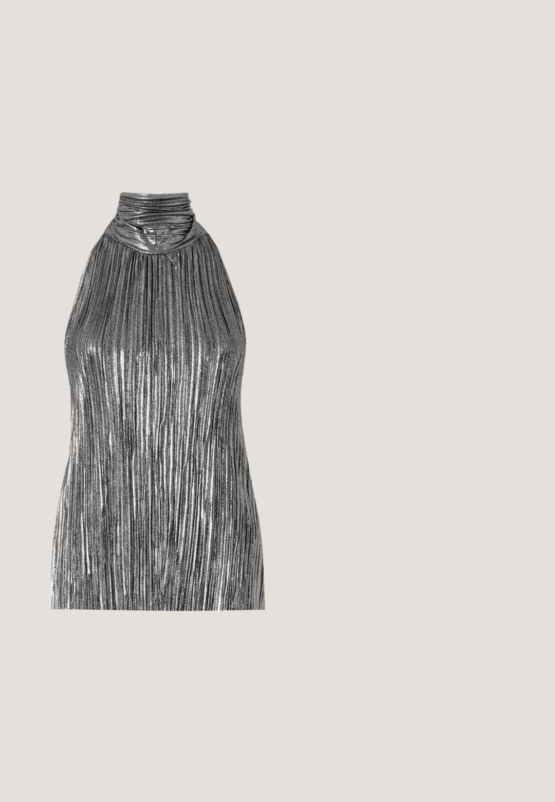 Top sans manches en argent métallique avec un col élevé, présentant des plis verticaux et un buste froncé pour une texture et une dimension.; Jupe en cuir noir avec une silhouette ajustée, présentant une texture lisse, un design mi-long et des détails de coutures subtils. Pas d'accents en métal.; Botte en cuir noire à hauteur de genou avec bout pointu et talon large, présentée en profil latéral gauche sur fond blanc.; Lunettes de soleil carrées noires avec des verres dégradés, logo dominant sur le côté, monture épaisse et texture lisse.; Sac à main en cuir noir avec une fermeture éclair dorée et une bandoulière ajustable présentant des détails rectangulaires dorés sur fond blanc.; Boucles d'oreilles créoles dorées en forme de croissant, avec une surface polie et un fermoir à charnière. La texture lisse et la finition réfléchissante améliorent la visibilité.