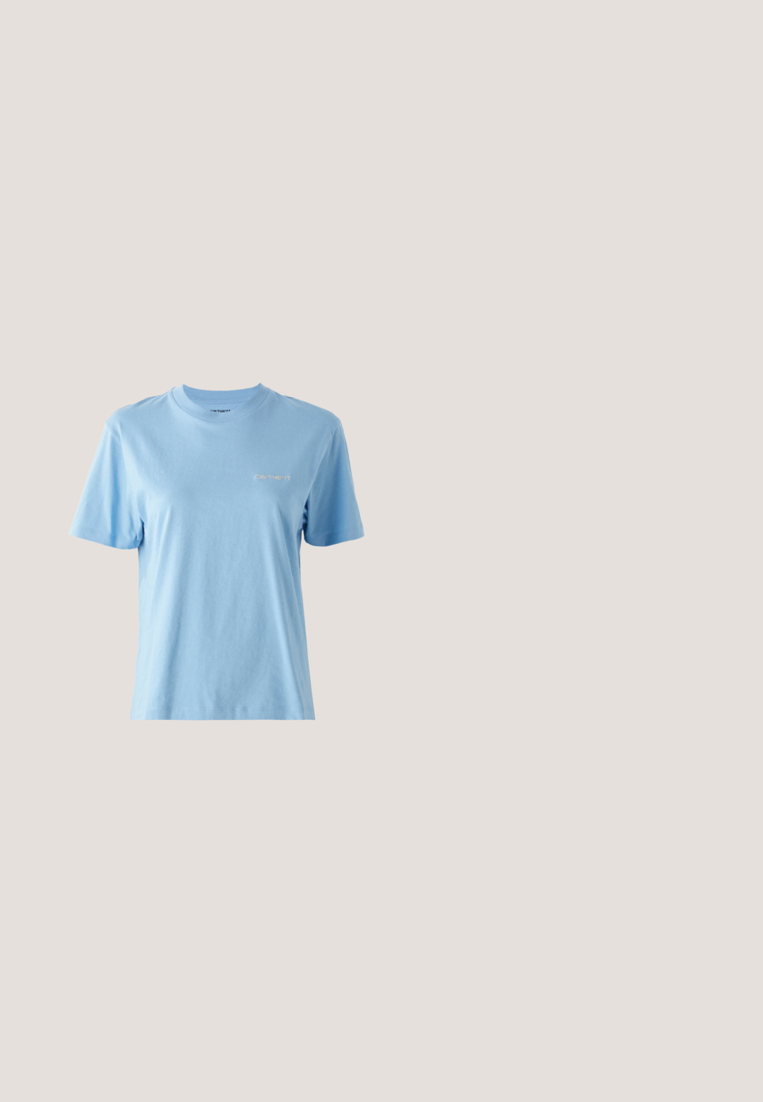 Korte mouwen, ronde hals t-shirt van zacht katoen in lichtblauw, met een klein wit Carhartt-logo op de borst. Zachte textuur.; Blauwe denim jeans met een wijde pijp, hoge taille, contrasterende stiksels en klassiek vijf-pocket ontwerp. Gestructureerde stof met een gladde afwerking.; Beige suède sneaker met witte leren accenten, voorzien van drie witte strepen, een gouden logo en een dikke, doorschijnende rubberen zool.; Bruin getinte rechthoekige brillen met een glanzende afwerking, met slanke pootjes en doorzichtige glazen. Logo zichtbaar op de linkertempel.; Even&Odd by Zalando Handtas - off-white; Zilveren oorbellen in de vorm van een gladde, glanzende ring. Circulaire vorm, voorzien van een veilige sluiting. Eenvoudig en elegant ontwerp.
