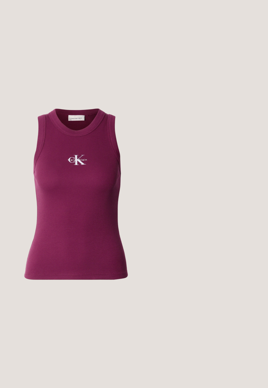 Débardeur moulant côtelé sans manches de couleur violet foncé avec un col rond et le logo blanc "Calvin Klein" sur la poitrine. Tissu doux avec une coupe ajustée.; Pantalon noir à jambes larges en tissu doux avec une taille élastique, présentant un design épuré sans motifs ni accents visibles.; Escarpin à bride arrière en cuir noir avec bout pointu, boucle dorée et talon effilé sur un fond neutre.; Lunettes de soleil rectangulaires noires avec des verres foncés et un logo discret sur la branche, présentées sur un fond clair uni.; Sac à main en cuir noir avec une chaîne en bandoulière, forme structurée et accent logo argenté. Texture lisse avec un rabat.; Calvin Klein SPIRAL - Bracelet - silver-coloured