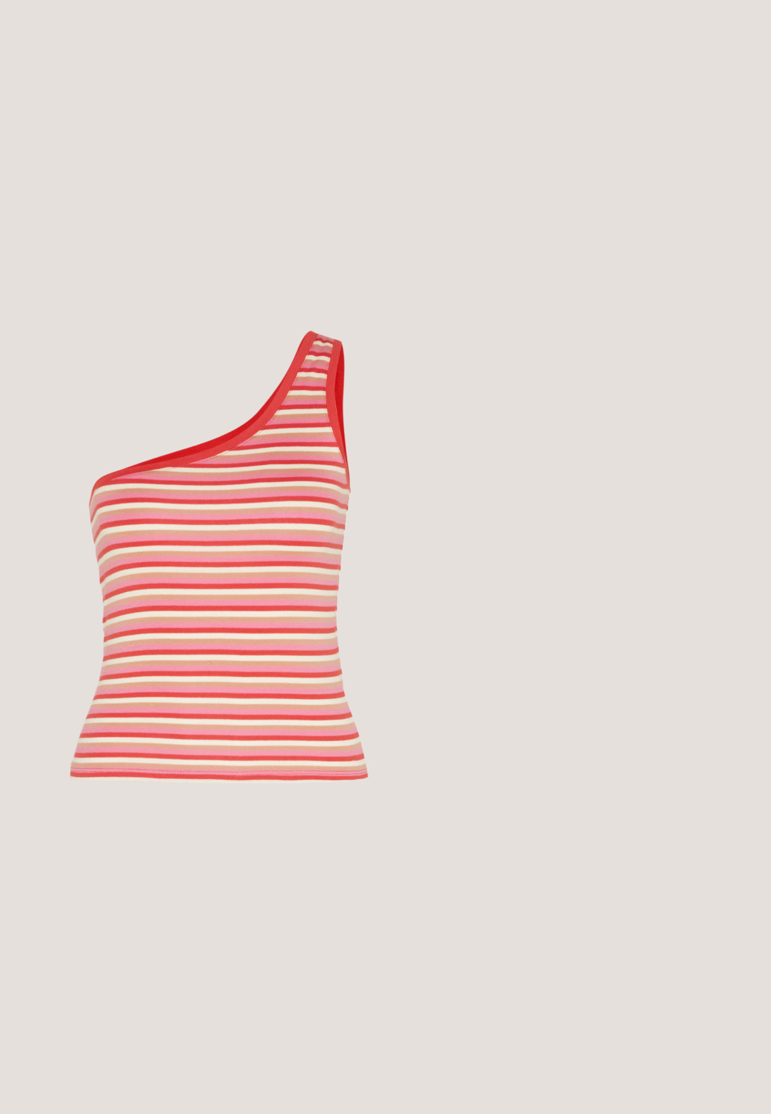 Cotton On JAMIE ONE SHOULDER CAMI - Top - josie red chestnut; Svetlomodré džíny s priliehavým strihom, piatimi vreckami a kontrastným oranžovým šitím, s uzatváraním na gombík a zips.; Biele plátenné tenisky s hrubou bielou platformou, okrúhlou špičkou a kovovými očkami na šnúrky. Logo značky zobrazené na boku.; Ružové priehľadné slnečné okuliare s oválnymi šošovkami, tmavočerveným tónovaním a štíhlymi ramenami, so hladkým povrchom a jemnými detailmi na ráme.; Biela kabelka z umelého kože so štruktúrovaným trojuholníkovým tvarom, jedným nastaviteľným popruhom a prekrytím so zakriveným akcentom.; Strieborné kruhové náušnice s tenkým, hladkým dizajnom; predĺžený oválny tvar; lesklý povrch; majú bezpečné uzatváranie na háčik.