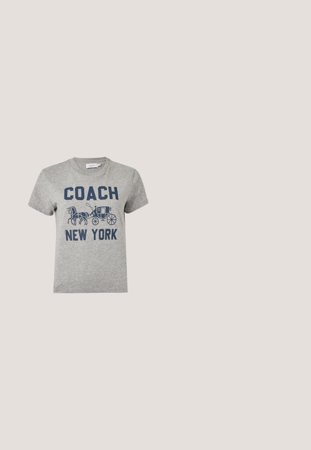 Halli lühikeste varrukatega T-särk, millel on esiküljel tumesinisega tekst "COACH NEW YORK" ja hobustega kaetud vankri graafika.; Tumedatest sinisest kõrge vöökoht ja laiad puusasid ulatuvad teksad, millel on ees taskud, vööloopide, nööbi kinni keeramine ja nähtav õmblus valgel taustal.; Kuldne metallik varbaga kitsa kontsaga mule, mille peal pool on triibuline lõikemustriga disain.; Beežid ristkülikukujulised päikeseprillid pruunide läätsedega ja väikeste dekoratiivsete kristallidega hingedekohal, valgel taustal eksponeeritud.; Burgundia nahkulkott, millel on sile tekstuur, kuldne riistvara ja eesmine luku jaoks nööp. Omab eemaldatavat õlarihma.; Kuldvoldid kõrvaklapid ristkülikukujuliste valgete sissepandud detailidega, esitatud kõrvuti ühel lihtsal heledal taustal.