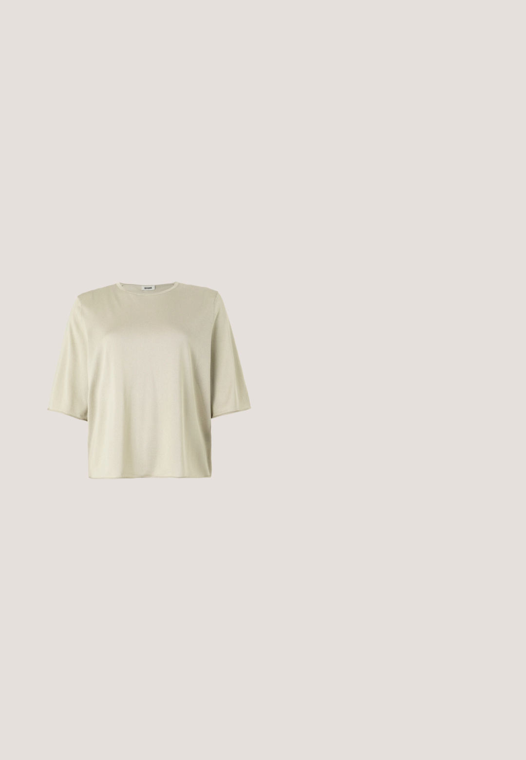 Korte mouw, losse top in lichtbeige, met een ronde halslijn en een zachte textuur, gemaakt van een gladde, lichte stof.; Grijze denim jeans met een rechte pijp, voorzien van een voorste knoopsluiting, vijf zakken en subtiele vervaging voor textuur.; Bruine leren Calvin Klein mule met hak die boven houten tegelvloer zweeft met een vervaagde groene plant en muur op de achtergrond.; Rechthoekige lichtperzikkleurige zonnebril met dikke monturen en bijpassende getinte glazen op een effen lichte achtergrond.; Schoudertas van tankleurig leer met geperst "cK"-logo, bovenhandvat en afneembare band op een effen witte achtergrond.; In elkaar grijpen gepolijste metalen armbanden in zilver- en goudtinten, waarvan er één is gegraveerd met het "Calvin Klein"-logo, op een witte achtergrond.