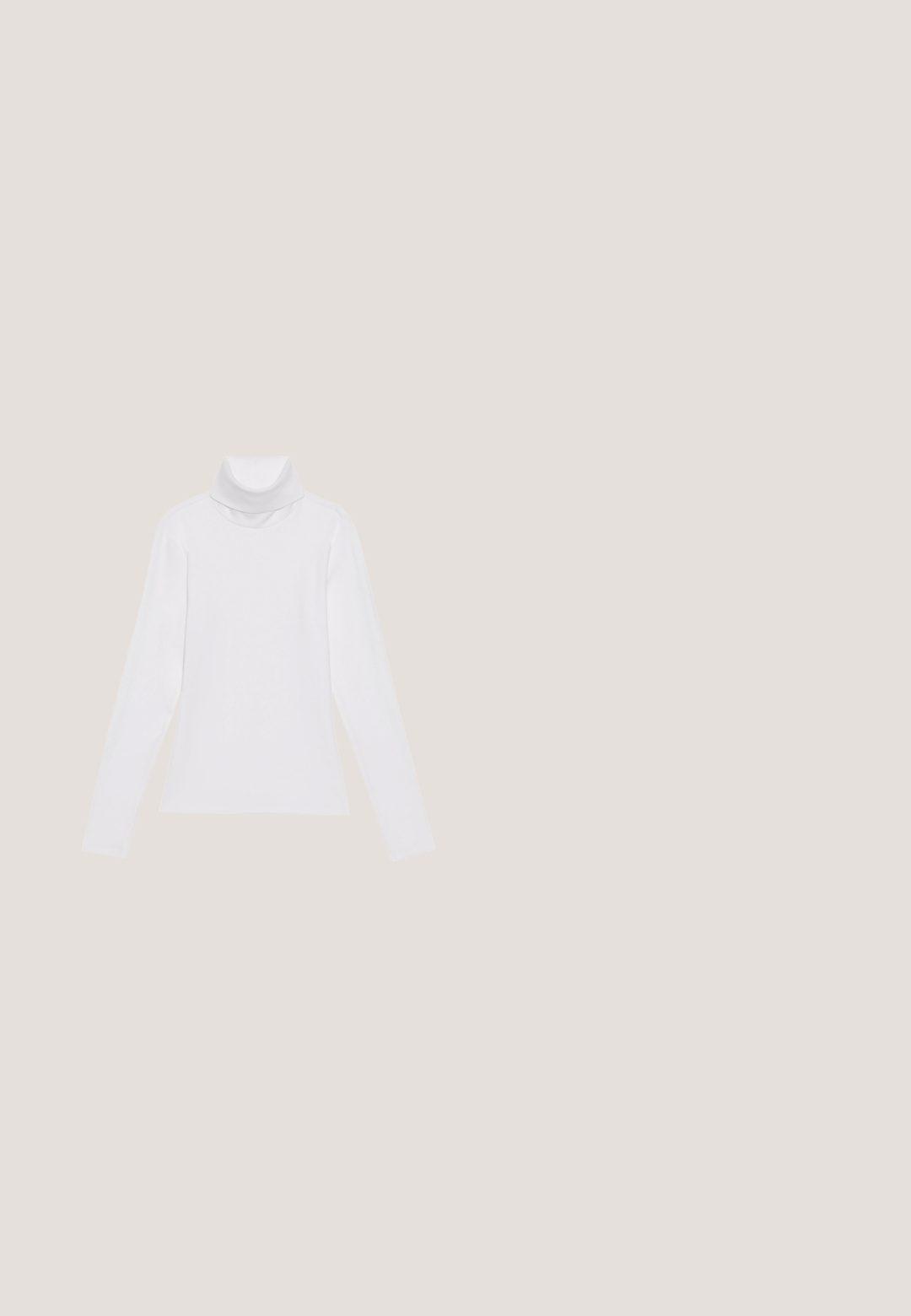 Weißes Langarm-Turtleneck-Oberteil aus glattem, elastischem Stoff. Mit hohem Kragen und tailliertem Schnitt, ohne sichtbare Muster oder Verzierungen.; Schwarze Nadelstreifen-Hose mit geradem Bein, ausgestattet mit einem Knopfverschluss und einer Seitentasche, gefertigt aus einem glatten Stoff.; Schwarze Leder-Stiefelette mit elastischen seitlichen Einsätzen, runder Zehenform, kontrastierenden gelben Nähten und einer robusten Gummisohle.; Schwarze, eckige Sonnenbrille mit grauen Gläsern; aus Kunststoff gefertigt, mit dicken Bügeln, die eine glatte Oberfläche und keine sichtbaren Beschläge haben.; Schwarze rechteckige Schultertasche mit einem verstellbaren Riemen und einem oberen Reißverschluss vor einfachem Hintergrund.; Paar glänzende silberne Creolen mit dünnen Drahtverschlüssen, dargestellt vor einem hellgrauen Hintergrund.