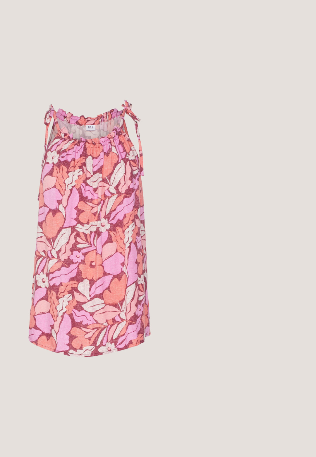 GAP HIGH NECK TIE STRAP TANK - Débardeur - pink floral; Jean skinny en denim bleu clair, avec des détails déchirés, des ourlets effilochés et un design classique à cinq poches.; Sandales en cuir blanc avec des sangles réglables à boucle, semelle en noir superposée et détail de couture orange le long du bord.; Lunettes de soleil transparentes roses avec des verres ovales, teintés d'un rouge foncé, et des branches fines, présentant une finition lisse et des détails subtils sur la monture.; Sac d'épaule en denim bleu clair avec une large bandoulière et une couture centrale visible, présenté sur un fond gris clair uni.; Collier en chaîne argentée avec onze pendentifs en forme d'étoile, chacun avec une pierre précieuse centrale transparente, et un fermoir à réglage.