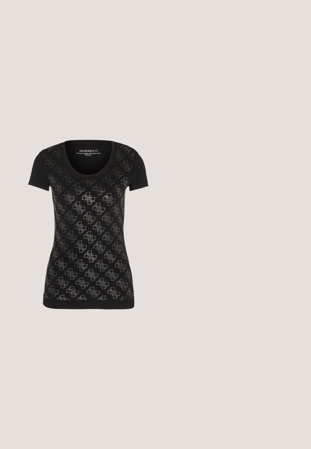 Sort T-shirt med korte ærmer og rund hals, med et gentaget sølvmønster over fronten, lavet af blødt bomuldsblandingsstof.; Sorte skinny jeans med en glat tekstur, fem lomme-design, metalhardware og bæltestropper. Klassisk pasform med en slank silhuet.; Sorte læder loafers med en kraftig sål og guldhardware; har rund tå og syede detaljer langs overdelen.; Sorte ottagonal solbriller med gradientlinser, der har kraftige stel og metal-logo accenter på stængerne. Glat overflade hele vejen igennem.; Sort stof håndtaske med en buet form, knyttet hank, fremtrædende guldlogo detalje og lynlåslukning. Glat tekstur og minimalistisk design.; Guldøreringe med runde plader med en struktureret overflade, omkranset af små klare krystaller, og en lige, krystal-accentueret stang.