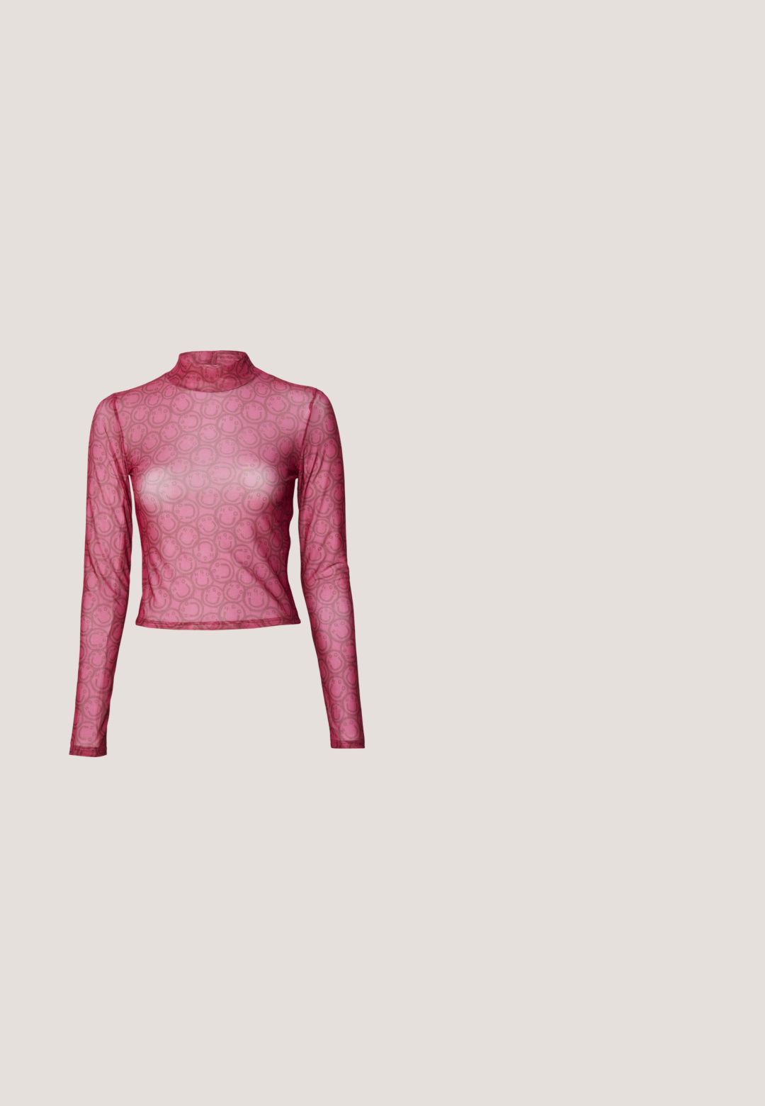 Langärmliges, tailliertes Oberteil aus durchscheinendem rosa Netz mit einem sich wiederholenden Smiley-Gesicht-Muster. Hochgeschlossener Design mit einer glatten, leichten Textur.; Schwarzer Kunstleder-Minirock mit Frontpaneel-Nähten und leichtem Glanz, flach auf einem neutralen Hintergrund ausgelegt.; Schwarze kniehohe Stiefel aus glattem Leder mit einer dicken, strukturierten Sohle und dezenten Nahtdetails an der Außenseite.; Schwarze übergroße Sonnenbrille mit geometrischer Form, ausgestattet mit dunklen Gläsern und einem kontrastierenden grauen Detail im Rahmen. Logo am Bügel.; Schwarze, glänzende Calvin Klein Handtasche mit goldfarbenem Reißverschluss und kurzem Trageriemen vor schlichtem weißem Hintergrund.; Silberne Tropfenohrringe mit glatten, runden, reflektierenden Oberflächen, die an Hakenverschlüssen hängen. Der Hintergrund ist reinweiß.