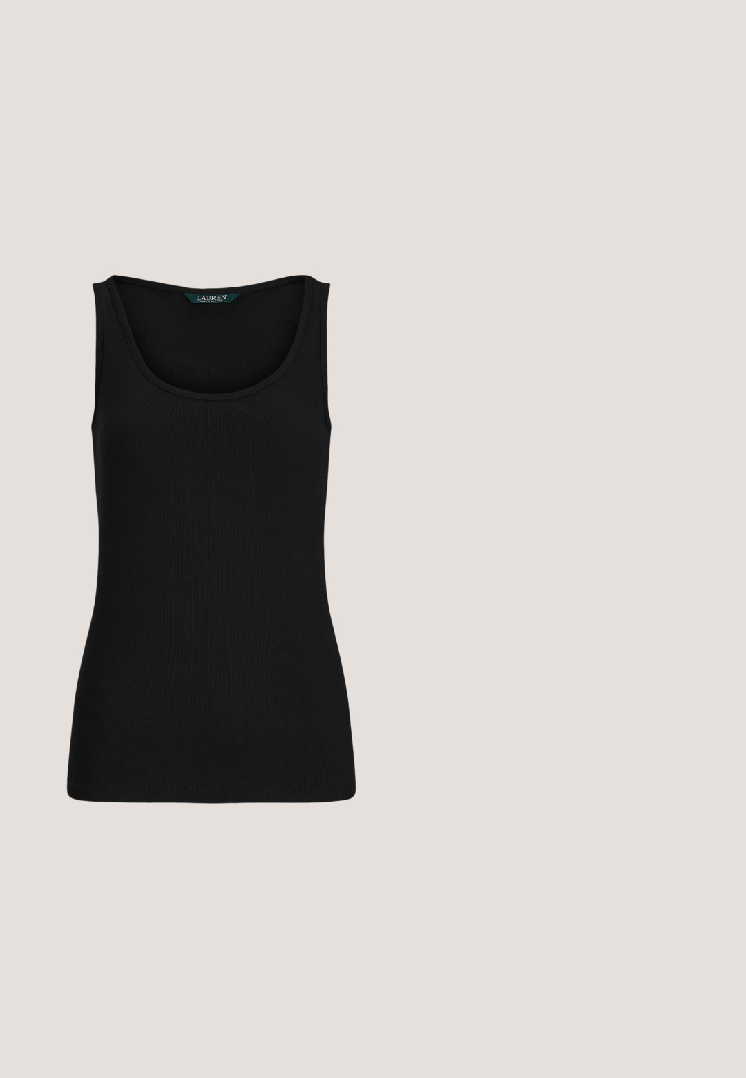 Zwart geribbeld tanktop met een ronde halslijn, aansluitende vorm en naadloze randen. Stof is zacht en rekbaar. Etiket zegt "LAUREN."; Bruine midi-rok met hoge taille, brede plooien en asymmetrische gedrapeerde zoom, met ceintuurlussen en een gladde stoftextuur.; Slingback kitten heel met een puntige zwarte leren neus en een donker patroon van stof, voorzien van een kleine gouden gesp op het bandje.; Zwarte zonnebril met ovale lenzen, ribbeltextuur op de monturen en gegraveerd logo aan de zijkant. Gemaakt van plastic en met een strakke uitstraling.; Lancel MINI FAUBOURG - Schoudertas - black; Set van goudkleurige creolen met ingewikkelde kantachtige patronen en ingebedde heldere strass-steentjes op een witte achtergrond.