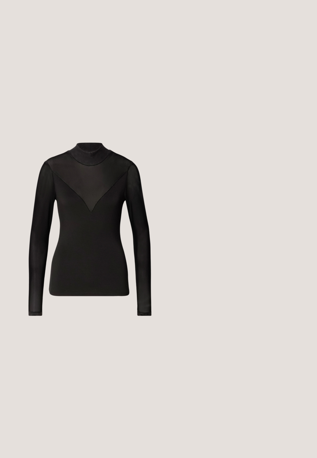 Top negro de manga larga con paneles transparentes que forman una forma de V en el escote. Textura suave, diseño ajustado, cuello alto.; Pantalones negros de pierna ancha hechos de una tela suave. Presentan una cintura plana con pasadores de cinturón y sin bolsillos visibles. Diseño sencillo.; Mujer con cabello largo y negro apoyada en una silla curva blanca, vistiendo una blusa topo, pantalones beige, cinturón negro y botines negros con tacón.; Bolso de mano de cuero sintético negro con una textura suave, forma de hobo y doble asa; presenta un acabado brillante y un diseño minimalista.; Pendientes de aro en tono plateado con forma redonda y un acabado pulido. Ambos pendientes son del mismo tamaño y cuentan con un mecanismo de cierre seguro.; Cinturón de cuero negro con una textura suave, que presenta una hebilla de metal plateada y un extremo estrechado. Diseño simple y clásico.