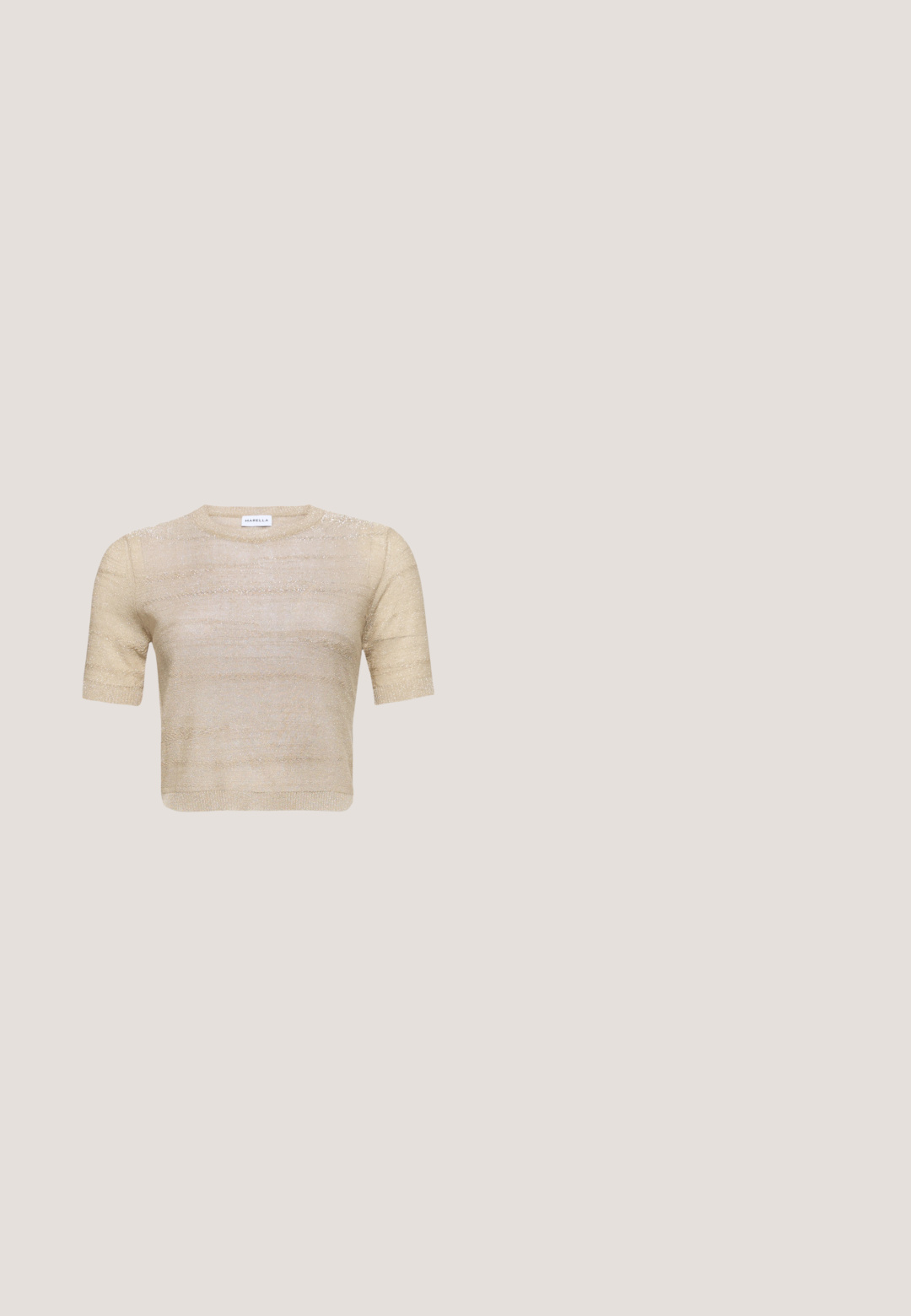 Kortærmet, cropped sweater i lys beige med metallisk glimmer. Glat tekstur med vandrette striber og en rund halsudskæring.; Denimnederdel med et klassisk blåt vask, fem-lomme design og frynset kant. Lukker med en frontknap og lynlås.; Sort læderballetsko med rund tå, glat tekstur, minimal syning og et fleksibelt såldesign.; Brune skildpaddesolbriller med rektangulære linser, guldhardware-detaljer ved stængerne og elegante sorte arme.; Mørkebrunt tekstureret håndleds-clutch med aftagelig rem og sølvhardware på hvid baggrund.; Guld hoops øreringe med et slankt, afrundet design. Har en hul midte og en blank overflade, der komplementerer moderne stilarter.