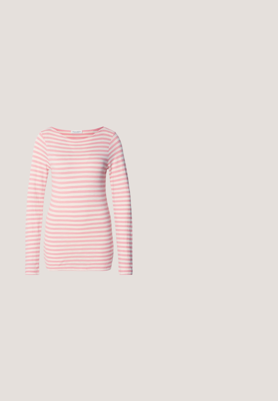 Chemise à manches longues à rayures horizontales roses et blanches. Tissu en coton doux avec un large col et une coupe slim. Pas de matériel notable.; Un pantalon large violet en tissu lisse, avec deux grands boutons au niveau de la taille et deux poches avant.; Mocassins en cuir verni noir avec un petit talon bloc, dotés d'une boucle en métal doré proéminente et d'une semelle texturée crantée.; Sac à main en cuir noir avec des accents métalliques dorés, forme rectangulaire, fermeture à rabat, bandoulière réglable, texture lisse, design minimaliste.; Paire de boucles d'oreilles anneaux en argent poli avec un design de barre incurvée superposée sur un fond clair uni.; Ceinture en cuir noir avec une boucle rectangulaire en or. La ceinture a une texture lisse et un subtil détail de couture le long des bords.