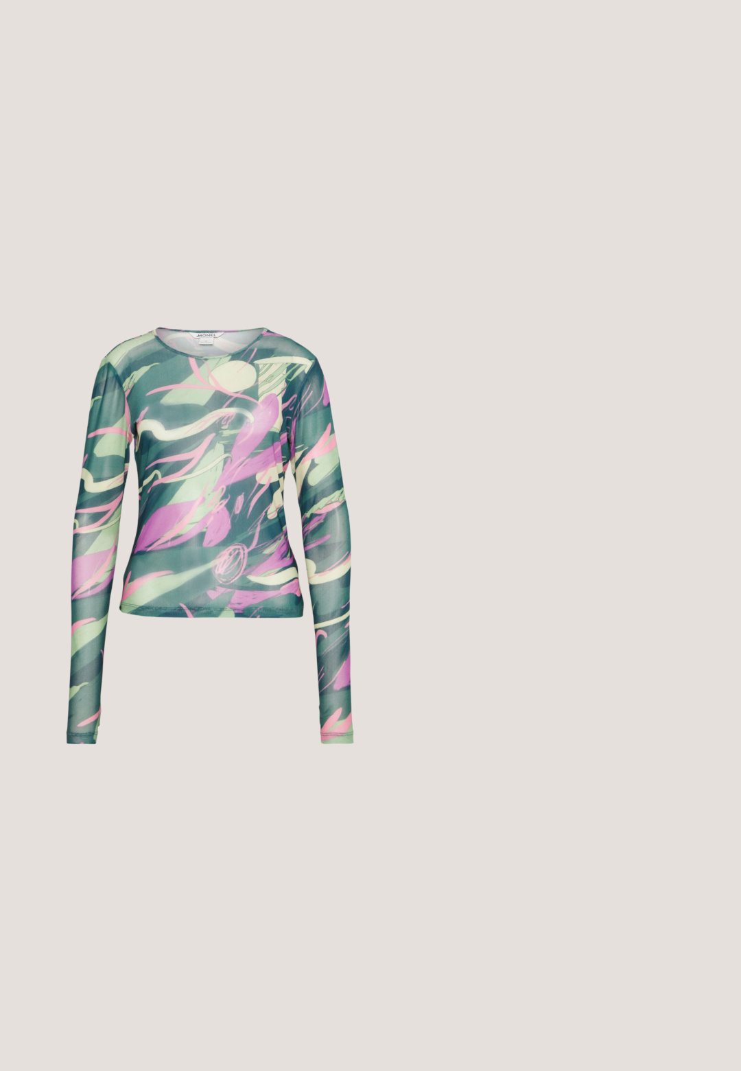 Monki Top s dlhým rukávom - multicoloured; Monki Kapsáče - green; Fialové semišové tenisky s čiernymi a zlatými akcentmi, textúrovanými sieťovanými stranami a robustnou čiernou gumovou podrážkou. Obsahujú pútko a systém šnurovania.; Párik obdĺžnikových slnečných okuliarov s svetlomodrými priehľadnými rámami a tmavosivými sklami, s rovnými stranami a minimálnymi hardvérovými detailmi.; Polstrovaná zelená ramenná taška s mäkkou textúrou, obdĺžnikovým tvarom, jedným popruhom a zlatou zipsovou uzáverou. Obsahuje prešívaný vzor.; Zlaté kruhové náušnice s textúrovaným povrchom a malými zaoblenými akcentmi. Kruhový dizajn a uzáver na posuvný mechanizmus.