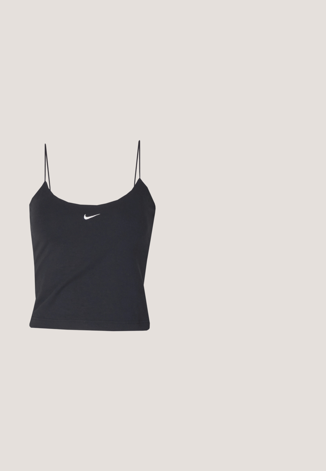 Čierny bezrukávový top s okrúhlym výstrihom, tenkými ramienkami a stredovým bielym logom Nike. Vyrobený z hladkého materiálu, s priliehavým strihom.; Weekday SKYLER PARACHUTE TROUSER - Kapsáče - white dusty light; Biele a béžové tenisky Nike s vrchnou časťou z jemnej sieťoviny, textúrovaným prekrytím, čiernym swooshom a cushioned podrážkou s gripped vonkajšou časťou.; Párik obdĺžnikových slnečných okuliarov s svetlomodrými priehľadnými rámami a tmavosivými sklami, s rovnými stranami a minimálnymi hardvérovými detailmi.; Béžová kožená kabelka s zakriveným tvarom, reťazovým popruhom, striebornými detailmi a odnímateľnou malou kapsičkou. Textúrovaný popruh s logom.; Strieborné kruhové náušnice s hladkým, lesklým povrchom. Obľúbený tvar, vybavené bezpečným zapínaním. Jednoduchý a elegantný dizajn.