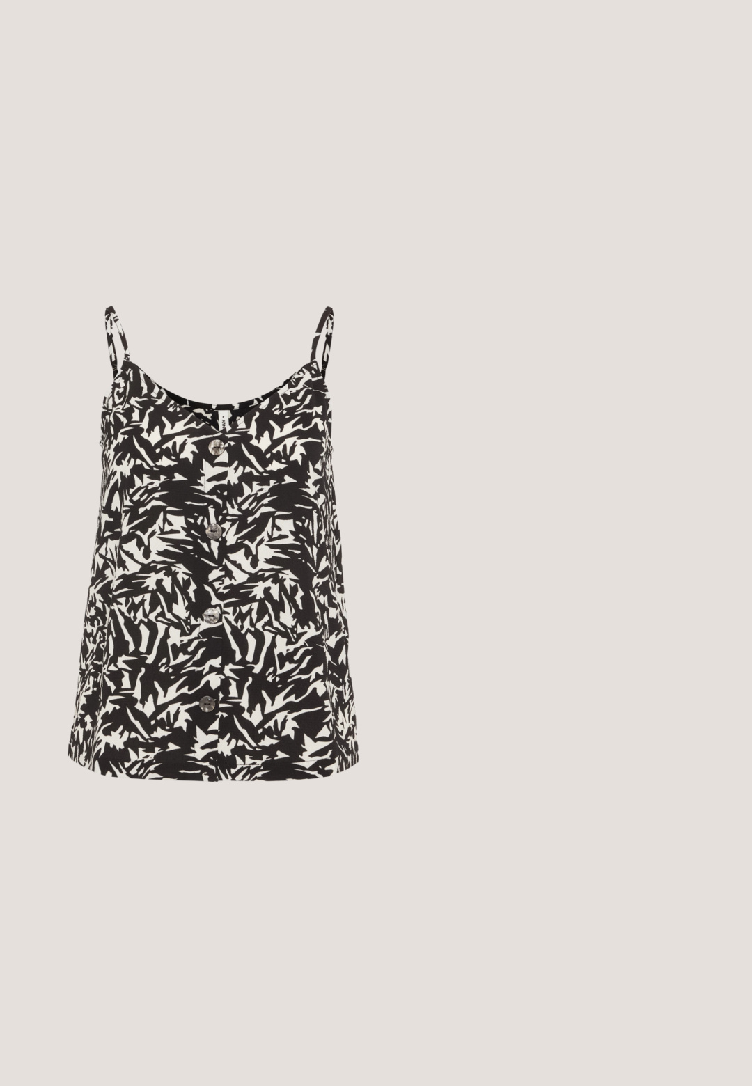 Top sans manches noir et blanc présentant des motifs abstraits ressemblant à des feuilles, un col rond et des boutons centraux sur le devant.; Pantalons blancs avec un motif abstrait bleu marine, dotés d'une taille élastique et d'un cordon de serrage réglable. Conception à jambes droites avec une coupe ample.; ALDO CELIE - Sandales à talons hauts - black; Lunettes de soleil noires avec des verres gris, ornées d'un motif en grille de petits rhinestones métalliques le long des montures. Fini lisse, design angulaire.; Pieces PCALUANA SHOULDER BAG - Sac à main - black; Boucles d'oreilles en argent avec une finition polie, présentant une forme circulaire et une fermeture à charnière. Texture lisse avec un minimum de détails.