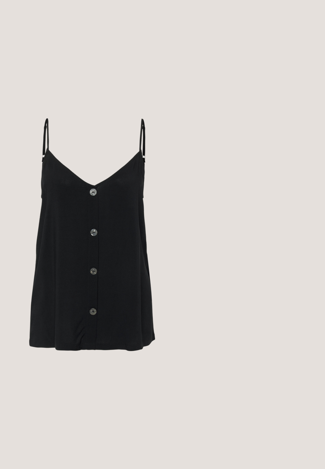 Black camisole with thin adjustable straps, a V-neck, and six front buttons. Soft fabric with a smooth, lightweight texture.; High-waisted flared jeans in light blue denim with a faded finish, featuring two front buttons, vertical seams, and a tailored silhouette.; Black heeled sandals with multiple thin straps and a wide block heel. Sleek design with a matte texture. Footbed has a slight curve.; A pair of rectangular sunglasses with light blue translucent frames and dark gray lenses, featuring straight temples and minimal hardware details.; Small bucket-style handbag made of shiny cream-colored beads with a looped beaded handle and decorative bead knot closure.; Silver hoop earrings with a polished finish, featuring a circular shape and a hinged post closure. Smooth texture with minimal detailing.