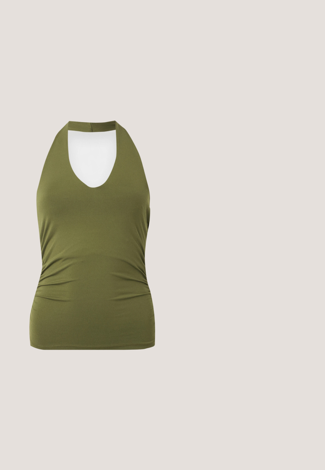 Sleeveless olive green halter top with a deep V-neck and fitted waist, displayed against a white background.; White high-waist jeans with button and zipper closure, front pockets, and slightly flared legs, displayed on a plain background.; Olive green suede Mary Jane flat shoe with silver buckle strap and rounded toe, displayed on a white background.; Green rectangular sunglasses with brown lenses and a small "QUAY" logo on the temple, displayed on a white background.; Green leather hobo bag with a slouchy design, curved handle, and smooth texture. Contains no visible hardware or accents.; Silver hoop earring with a polished finish, featuring small gold accent details and a round shape, worn on the lobe.