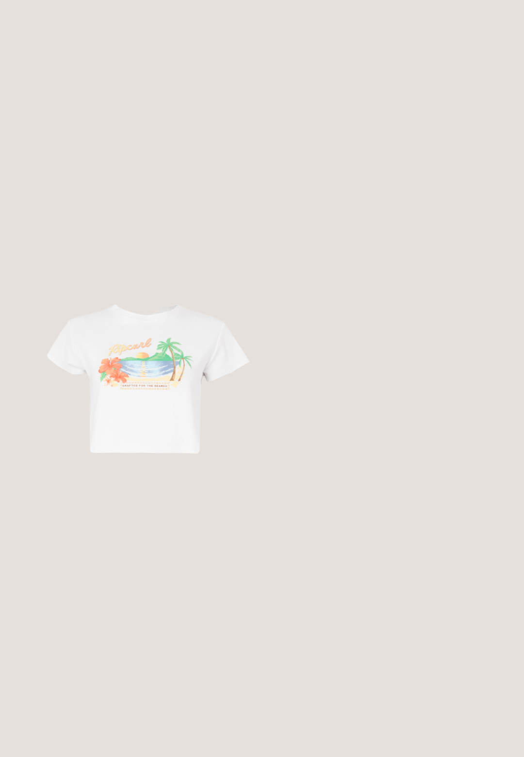 Hvid croppet t-shirt med et farverigt strandmotiv, der viser palmer og blomster. Grafisk tekst lyder "Ripcurl" og "Crafted for the search."; Lys blå denimnederdel med en tætsiddende facon, fem lommer, knap- og lynlås lukning samt stikninger langs kanten.; Hvid lavtop lærredssneakers med hvide snørebånd, sorte striber på sålen og gummieret tekstureret tåhætte, sidevendt på hvid baggrund.; Rektangulære, lyserøde kantløse solbriller med tynde, gyldne metalstel og justerbare næsepuder på en enkel lys baggrund.; Sølvmetallic håndtaske med snøredetaljer, der har et slankt design og en kort strop. Tasken holdes i hænderne for at fremvise dens tekstur.; Uncommon Matters SCULPTURAL LARGE CREOLE - Øreringe - silver-coloured