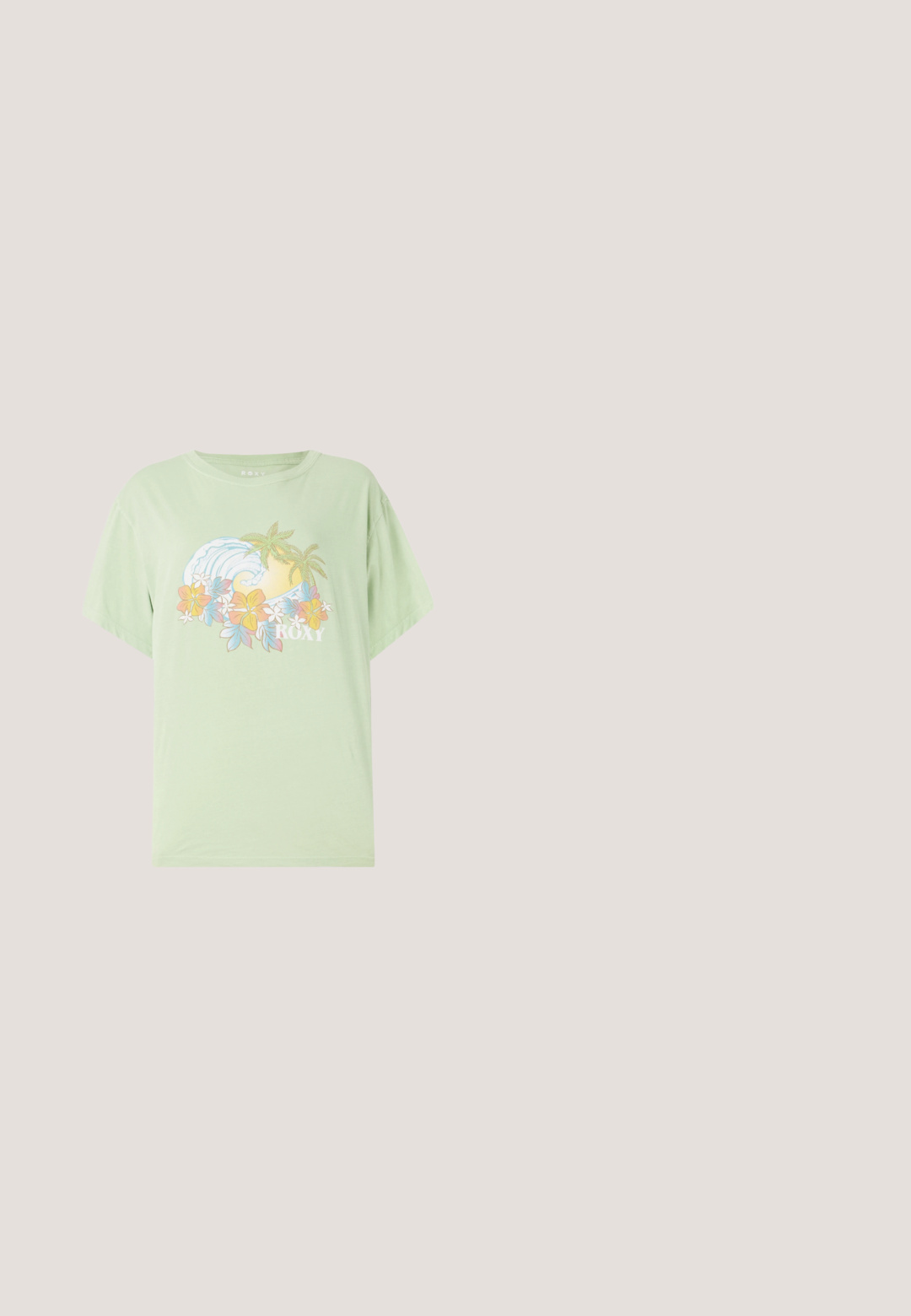 Camiseta de manga corta color verde claro con un gráfico de olas y flores, que presenta el nombre de la marca "ROXY" en blanco. Material de algodón suave.; Falda de mezclilla azul claro con una abertura frontal, lazos para cinturón y diseño clásico de cinco bolsillos. Textura suave con un acabado limpio.; Zapatillas de lona blancas con suelas de goma, que presentan seis ojales, puntera redonda y detalles de costura ligera, combinadas con calcetines blancos hasta el tobillo.; Gafas ovaladas de metal plateado con lentes transparentes, que cuentan con acentos decorativos en los laterales y puntas negras en las patillas para mayor agarre y comodidad.; Bolso de mano rosa con un acabado brillante, gran correa para el hombro, bolsillo delantero con un detalle decorativo de hebilla. Textura suave, diseño minimalista.; Pendientes de aro de oro con un acabado suave y pulido. Forma circular, con un cierre seguro en la parte superior. La superficie refleja la luz.