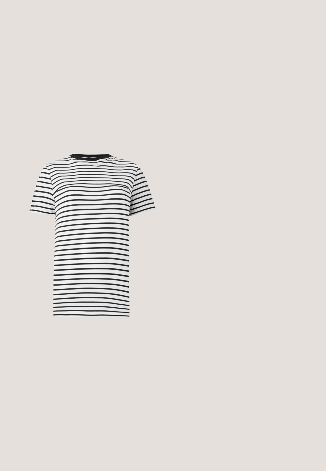 Gestreiftes T-Shirt in Schwarz-Weiß aus hochwertigem, weichen Stoff. Mit Rundhalsausschnitt und kurzen Ärmeln, versehen mit gleichmäßig angeordneten horizontalen Streifen.; Schwarze Jeans aus Denim mit geradem Bein, normaler Taille, fünf Taschen und dezenten Steppdetails.; Schwarzer Lederstiefel bis zur Mitte der Wade mit niedrigem Blockabsatz und dekorativem Riemen mit Metallschnalle um den Knöchel, auf einem gefliesten Gehweg.; Schwarze Sonnenbrille mit einem eleganten rechteckigen Rahmen und blauen Gläsern. Besitzt eine glatte Oberfläche und robuste Scharniere. Markenlogo an der Seite.; Schwarze Leder-Schultertasche mit Schnallengurt-Detail, abgerundeten Kanten und kontrastierenden weißen Nähten auf schlichtem Hintergrund.; Schwarzer Leder Gürtel mit glatter Textur, ovaler silberner Metallschnalle und mehreren Einstelllöchern entlang des Riemens. Flaches, minimalistisches Design.