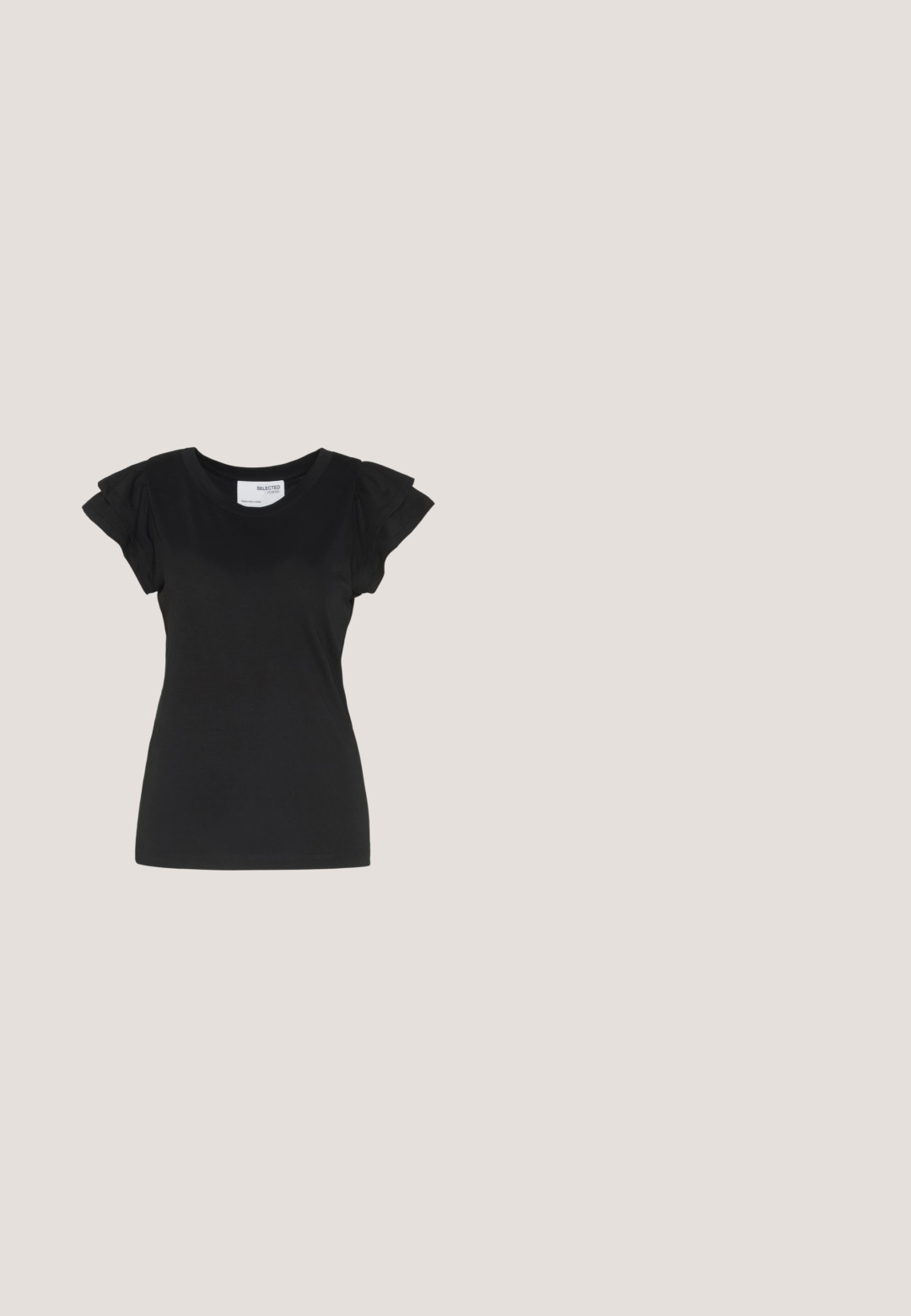 Selected SLFCAMILA RUFFLE TEE - Camiseta básica - black; Falda negra hasta la rodilla con una silueta recta, que presenta una abertura frontal, una textura suave y una cintura entallada.; Mules negros de tacón alto con parte superior de cuero suave y suela de plataforma gruesa, que cuentan con un diseño de punta abierta y tacón en bloque inclinado.; Gafas de sol negras con montura ovalada, lentes oscuros y "vogue" impreso en blanco en las varillas exteriores. Material plástico suave.; Bolso tejido negro con base redondeada, ribete de cuero, correa de hombro ajustable y logo de la marca Samsøe Samsøe en la banda superior.; Pendientes de metal plateado que presentan dos círculos entrelazados, uno más grande y otro más pequeño, con un acabado cepillado y cierres de presión.