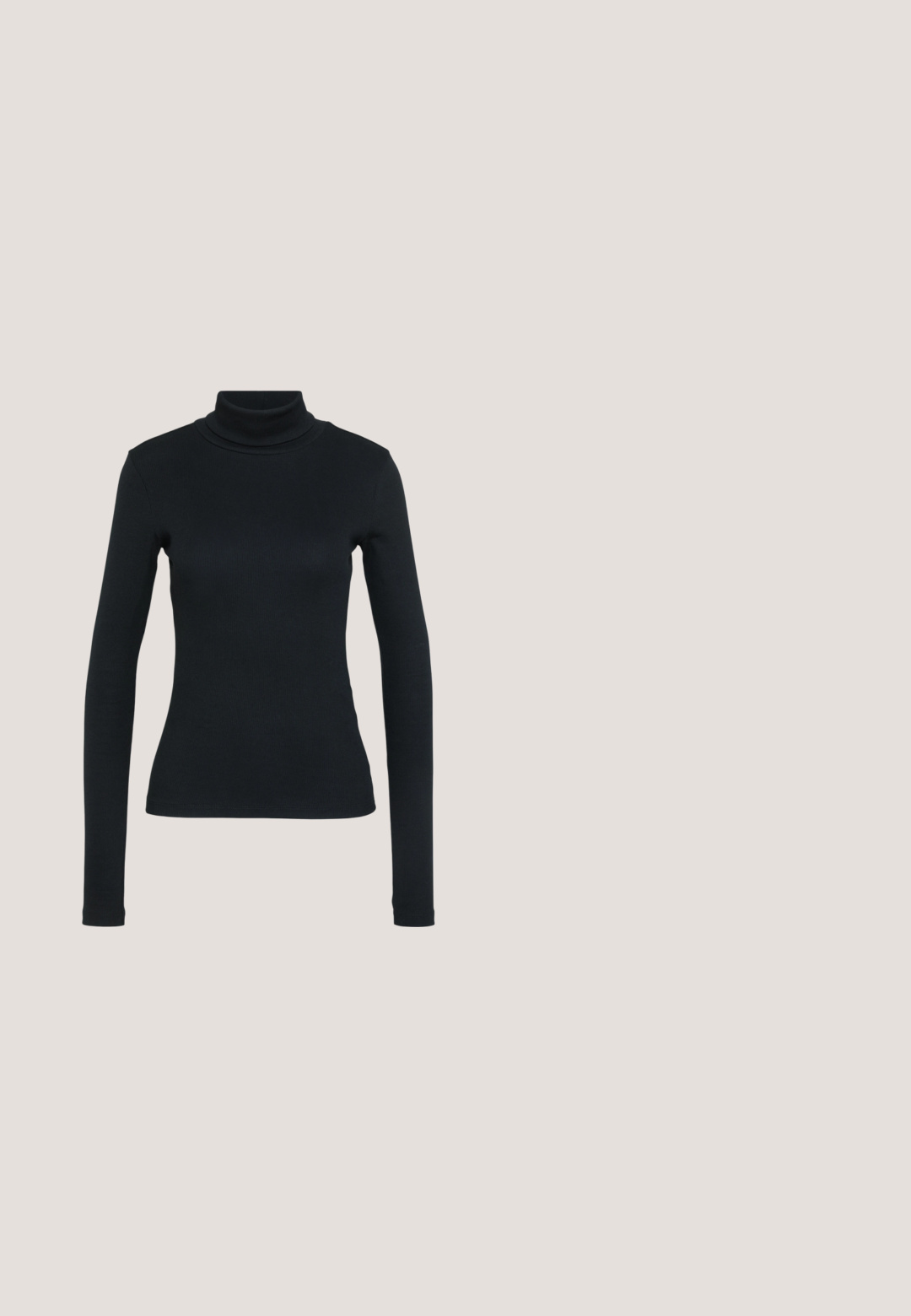 Sort langærmet ribbestrikket sweater med høj hals og tætsiddende silhuet på en lys ensfarvet baggrund.; FRAME LE CROP MINI BOOT - Jeans Bootcut - white; Sort vævet flad sko med en lille spænde strop over toppen og en lav hæl, vist i sideprofil på hvid baggrund.; Brune gradient linse solbriller med ramme i skildpaddemønster. Firkantet form med kraftige kanter og guld "vogue" branding på templet.; Sort lædertaske med et afrundet håndtag, sølv lynlås, hvid pelskant og en lang cremet kvast hæftet på forsiden.; Hvidmetal armring med en glat overflade, indgraveret logo og tre små klarsten som accentuerende elementer. Lukket design.
