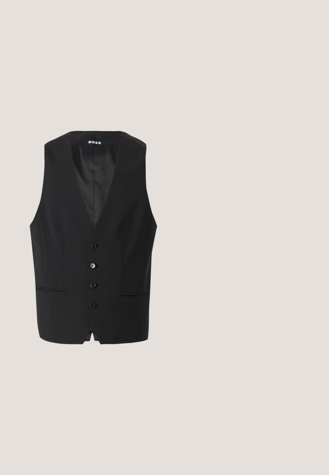 Chaleco negro para hombre, ajustado, con escote en V, cinco botones y dos bolsillos frontales. Tela suave con un diseño elegante y estructurado.; Camisa negra de manga larga, con cuello abotonado y cierre frontal con botones. Textura de tela suave con dobladillo curvado y detalles de botones en contraste.; Pantalones de terciopelo negro con un ajuste entallado, textura suave y cinturilla a juego. Cuentan con perneras rectas y bolsillos laterales.; Zapato de vestir para hombre de cuero negro con cordones cerrados, punta redonda, tacón bajo y una marca sutil cerca del talón sobre un fondo blanco.; Bolso de cuero negro con superficie texturizada, dos asas y una correa para el hombro desmontable. Presenta cremalleras plateadas y elementos de diseño minimalistas.; Cinturón de cuero negro con hebilla plateada y detalle de costura roja, enrollado sobre un fondo claro y liso.