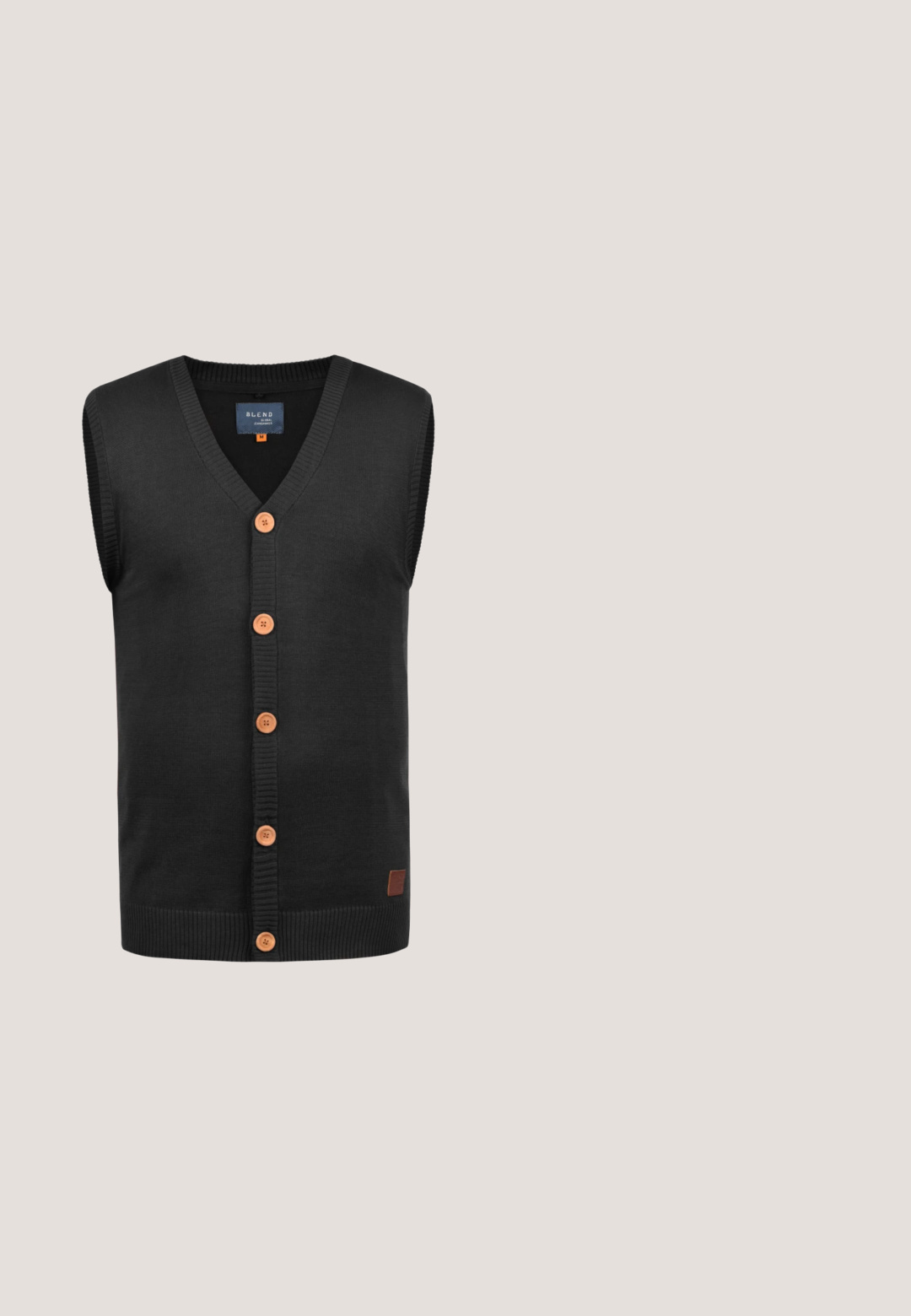 Blend BHLENNARDO - Chaleco - black; Camisa de polo gris con un cuello y puños negros, dos botones en el cuello, con un tejido texturizado y un patrón sutil en toda la prenda.; Chinos negros de mezcla de algodón, con un diseño de corte ajustado, cierre de botón, trabillas para cinturón y bolsillos laterales. Textura suave en toda su superficie.; Zapatilla negra de cuero con acentos perforados, suela blanca, detalles en marrón y diseño de cordones. Textura suave con un perfil bajo.; Gafas de sol negras rectangulares con lentes oscuros, acabado mate y un logotipo sutil en la patilla. El diseño elegante y minimalista realza la versatilidad.; Bolso de cuero negro tipo bandolera con forma rectangular, correa ajustable y detalles de costura sutiles. Textura suave con un diseño minimalista.