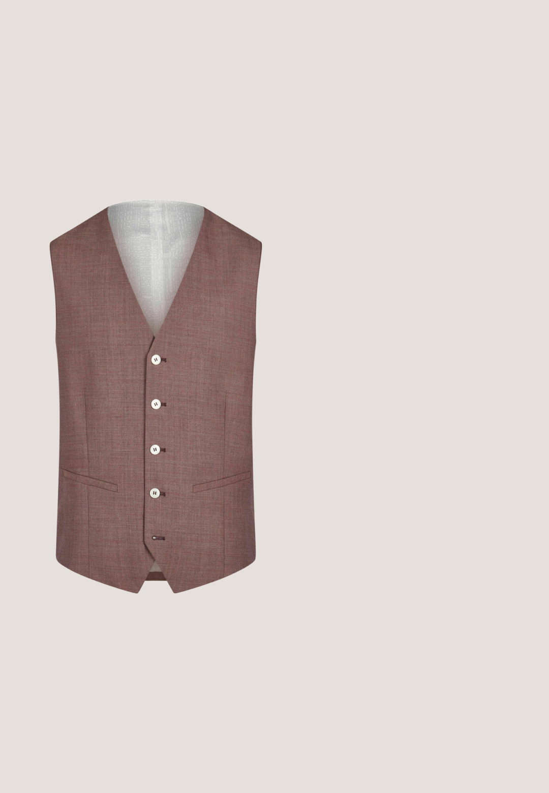 Maßgeschneiderte Herrenweste aus gedämpftem Mauve-Stoff mit vier weißen Knöpfen und zwei vorderen Leistentaschen, präsentiert an einer Schaufensterpuppe.; Dunkelbraunes langärmeliges Hemd mit spitzem Kragen und weißen Knöpfen vorne, auf weißem Hintergrund dargestellt.; Braune maßgeschneiderte Hose mit flachem Frontdesign, Gürtelschlaufen und einem einzigen Knopfverschluss. Hergestellt aus einem glatten Stoff mit geradem Bein.; Brauner Lederschuh mit abgerundeter Spitze, Schnürdesign und leichtem Absatz. Verfügt über gestickte Details entlang der Seiten und der Vorderkappe.; Braun getönte quadratische Sonnenbrille mit dunklen Kunststoffrahmen und silbernen Akzenten an den Bügeln. Glatte Textur mit glänzendem Finish.; Braune Leder-Laptoptasche mit doppelten Griffen, abnehmbarem Schultergurt und vorderer Reißverschlusstasche. Glatte Textur mit Metallelementen.
