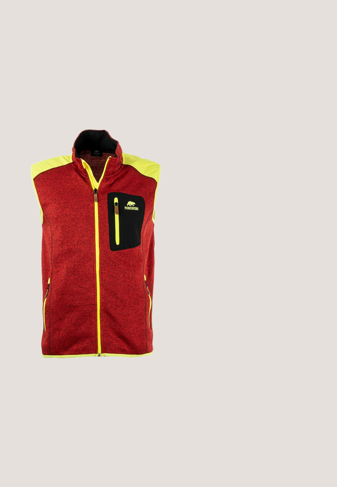 Chaleco de forro polar rojo con acentos amarillos, cuello alto, cremallera completa en la parte delantera, un bolsillo en el pecho y bolsillos laterales con cremallera. Acabado texturizado.; Camiseta deportiva roja de manga larga, ajustada, con cuello redondo y etiqueta de marca visible dentro del cuello sobre fondo blanco.; Pantalones cargo negros hechos de tela duradera, que cuentan con dos bolsillos laterales y un detalle de logo, diseñados para la funcionalidad y la libertad de movimiento.; Zapato de escalada con un upper sintético negro y marrón, que cuenta con dos correas de Velcro, una suela de goma y un tirador rojo en el talón.; Gafas de sol envolventes negras con lentes espejadas naranjas y detalle texturizado rojo en las varillas interiores, logo de Timberland en la patilla.; Cinturón trenzado rojo y negro con extremos de cuero negro y una hebilla rectangular plateada, enrollado sobre un fondo blanco.