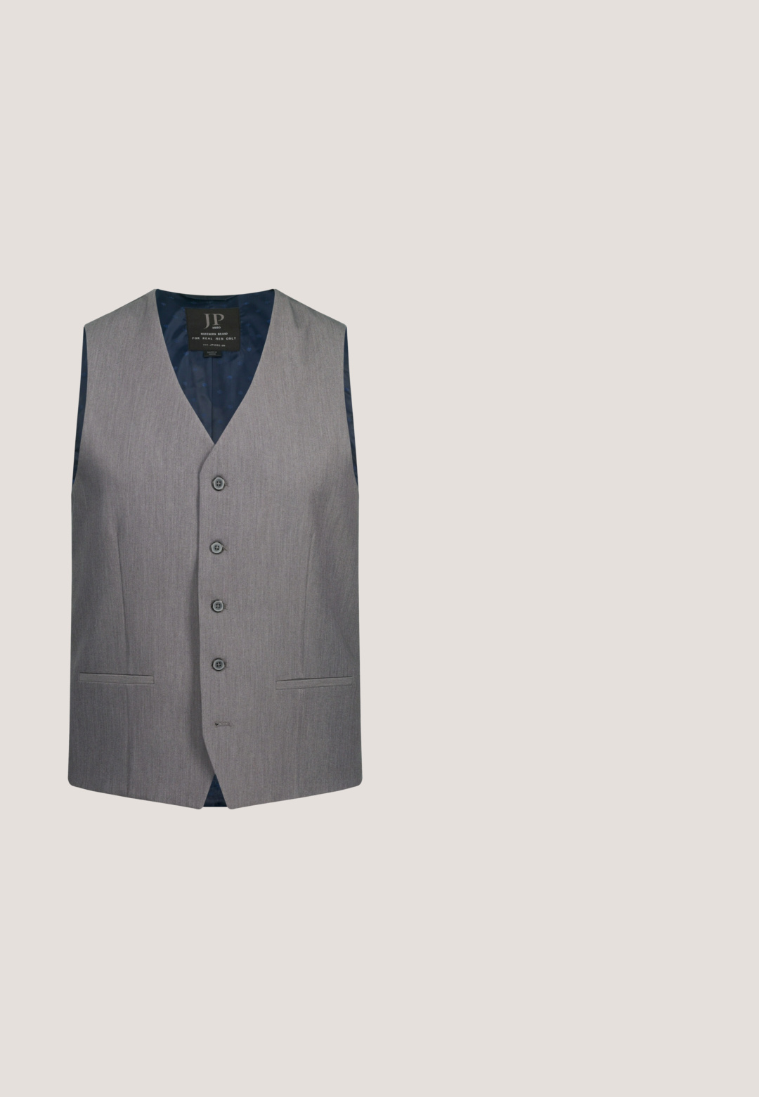 Chaleco gris sin mangas, con cinco botones y dos bolsillos frontales. El interior presenta un forro azul marino con un patrón sutil. Limpiar en seco solamente.; Camisa de vestir azul claro de manga larga con botones en la parte delantera, cuello clásico y un patrón texturizado sutil, con etiqueta de marca en el interior del cuello.; Pantalones azul claro de tejido texturizado, con corte recto, presillas para cinturón y cierre frontal de un solo botón.; Zapato mocasín tipo penny para hombre en ante azul marino con tacón bajo negro y detalle de tira en la parte superior.; WITTCHEN OFFICE COLLECTION - Portafolios - dark blue; Cinturón de cuero trenzado en azul oscuro con una textura suave. Presenta una hebilla rectangular de color bronce y un lazo para ajuste.