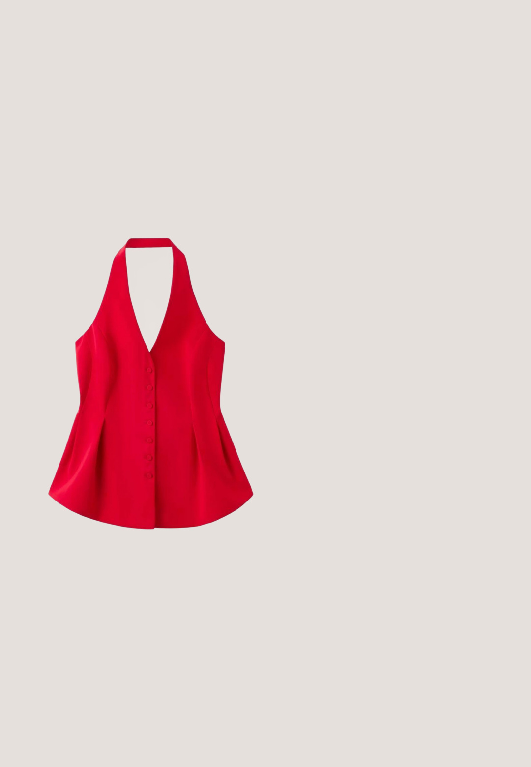 Rotes Neckholder-Top mit figurbetontem Oberteil, ausgestelltem Saum und sechs Knöpfen vorne. Hergestellt aus glattem Stoff mit matter Oberfläche.; Schwarzes Langarmoberteil aus geripptem Stoff. Verfügt über einen runden Ausschnitt und eine figurbetonte Silhouette. Keine sichtbaren Muster oder Akzente.; Marineblau gestreifte weit geschnittene Hose mit einem schwarzen elastischen Bund, die einen lockeren Sitz und eine weiche Stofftextur bietet.; Schwarzer Gummistiefel bis zum Knie mit runder Zehe, leichtem Absatz und einer Schnallenriemen. Auf der Vorderseite befindet sich das "HUNTER"-Logo.; Schwarze rechteckige Sonnenbrille mit dicken Fassungen, dunklen Gläsern und dünnen goldenen Bügeln mit schwarzen Ohrstücken, dargestellt auf weißem Hintergrund.; Schwarze Leder-Umhängetasche mit abgerundeter Form, einer vorderen Klappentasche mit Druckknopfverschluss und einem verstellbaren Riemen.