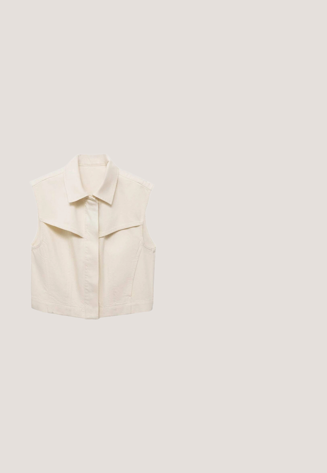 Cream-colored cropped vest with a pointed collar, sleeveless design, and front button closure. Made from smooth fabric with subtle texture.; White sleeveless top with a textured knitted fabric, featuring thin straps and a flared A-line shape. Simple and minimalistic design.; Wide-leg white trousers with a smooth texture, featuring a high waistband and two side pockets. Simple design with no visible patterns.; White leather slide sandal with three overlapping straps, soft brown insole, and flat sole. Features a minimal design and smooth texture.; Cream-colored cat-eye sunglasses with brown lenses resting on a white surface, angled to show front and side view.; Woven straw handbag with white floral embroidery, round handles with white trim, and a triangular brand logo on the front center.