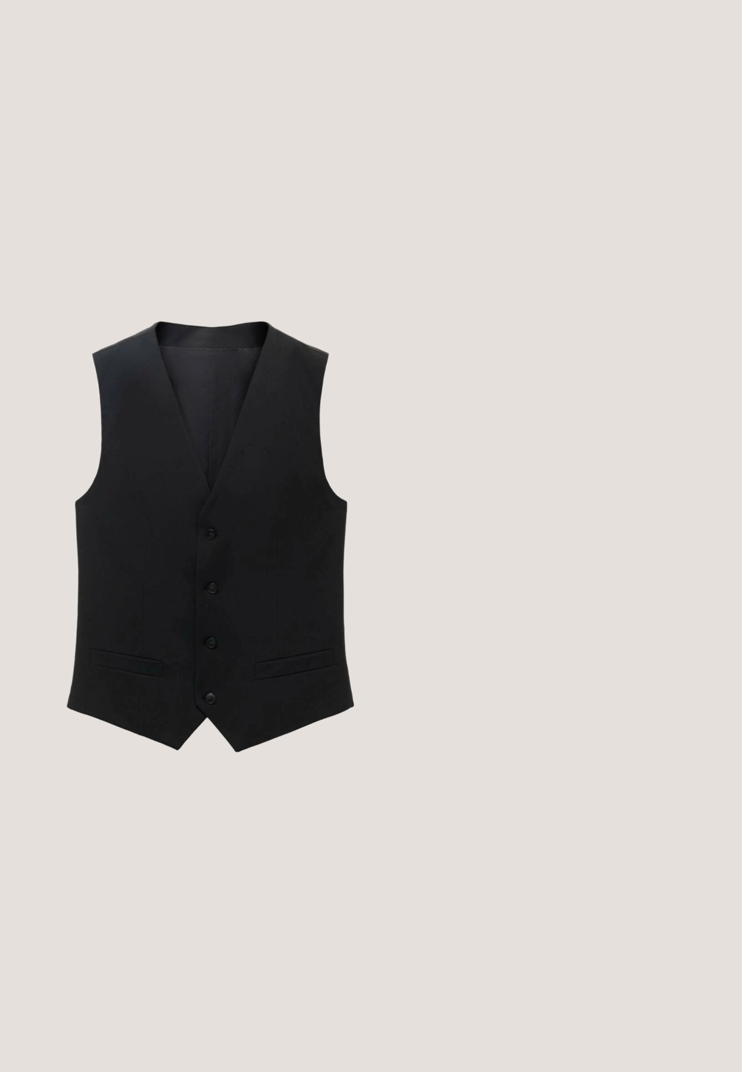 Schwarze Weste mit schlankem Design, tiefem V-Ausschnitt, fünf Knöpfen und zwei Seitentaschen. Aus einem glatten Stoff gefertigt.; Schwarzes Langarmhemd mit klassischem Kragen, durchgehender Knopfleiste und einem glatten, leichten Material. Keine sichtbaren Muster oder Akzente.; Schwarze maßgeschneiderte Hosen mit einem Knopf- und Reißverschluss, seitlichen Taschen, Gürtelschlaufen und Vorderfalten.; Schwarze Lederloafer mit runder Spitze, gesteppten Details und einer Plattform aus Gummi. Verfügt über einen dekorativen Riemen über dem Vorderblatt.; Schwarze rechteckige Sonnenbrille mit Doppelfassung und leicht verlaufenen getönten Gläsern auf weißem Hintergrund.; Schwarzer Ledergürtel mit strukturierter Oberfläche, ausgestattet mit einer silbernen Metalsschließe und mehreren Löchern für eine verstellbare Passform.