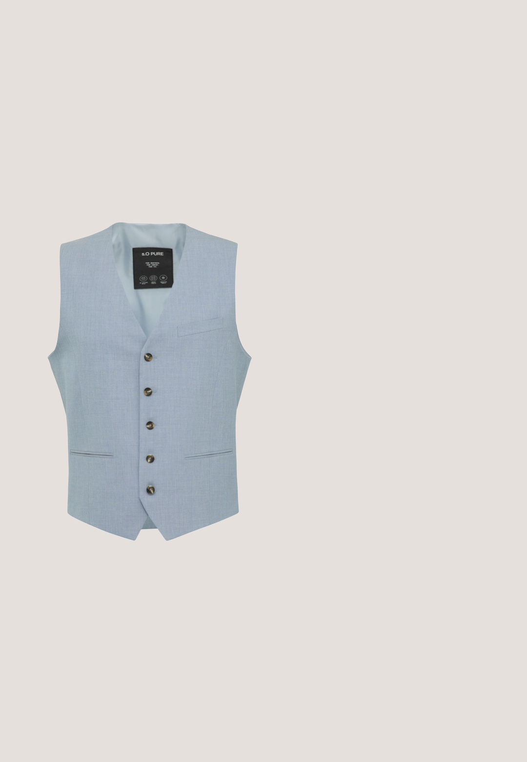 Lichtblauw vest van een gestructureerde stof, met een diepe V-hals, vijf knopen, twee voorzakken en een etiket aan de binnenkant.; Blauw overhemd met lange mouwen en witte verticale strepen, knoopsluiting aan de voorkant, twee borstzakken en een klassieke kraag.; Lichtblauwe, op maat gemaakte herenkostuumbroek met riemlussen, voorrits en een vouw over elke pijp.; Marineblauwe suede instapper met een ronde neus, een kleine decoratieve accent en een contrasterende bruine zool. Soepele textuur met subtiele stikseldetails.; Navy leren laptoptas met een gestructureerde afwerking, dubbele handvatten, een afneembare schouderband en een ritssluiting van metaal.; Blauwe suède riem met een zilveren rechthoekige gesp, gladde textuur en contrasterende leren voering aan de binnenkant. Heeft een lus en geperforeerde gaatjes voor aanpassing.