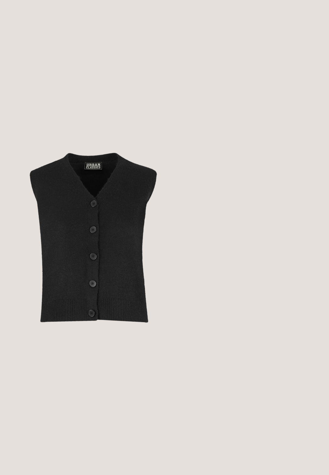 Zwarte mouwloze cardigan van zachte, gebreide stof, met een V-hals, vijf zwarte knopen aan de voorkant en een geribbelde zoom.; Grijs shirt met lange mouwen, gemaakt van zachte stof, voorzien van een ronde hals en een aansluitend ontwerp. Geen zichtbare patronen of metalen details.; Zwarte broek met brede pijpen en een wit verticaal streepmotief, met een knoopsluiting in de taille en zijzakken, gemaakt van een gladde stof.; Zwarte leren instappers met een ronde neus, decoratieve bovenband en een dikke, gestructureerde rubberen zool. Gladde afwerking met subtiele stikdetails.; Zwarte kattenogen-zonnebril met donkere glazen en gouden accenten op slanke pootjes, schuin weergegeven op een witte achtergrond.; Zwarte leren handtas met een gestructureerd oppervlak, dubbele handgrepen aan de bovenkant, gouden hardware en een afneembare schouderband. Met een merklogo.