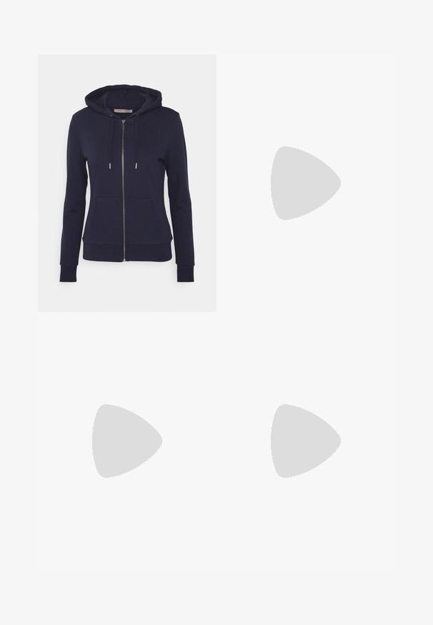 Anna Field Sweatjacke - dark blue; Zwei weiße Baumwoll-T-Shirts mit kurzen Ärmeln, Rundhalsausschnitten und einer engen Passform, die eine glatte Textur und ein minimalistisches Design aufweisen.; Beige Baumwollhose mit geradem Bein, ausgestattet mit einem Frontknopfverschluss und Seitentaschen. Sanfte Textur und minimalistische Gestaltung.; Weißes Leinensneaker mit goldenen Ösen, flachen Schnürsenkeln, strukturiertem Gummisohle und minimalem Branding an der Seite. Niedriges Profil.